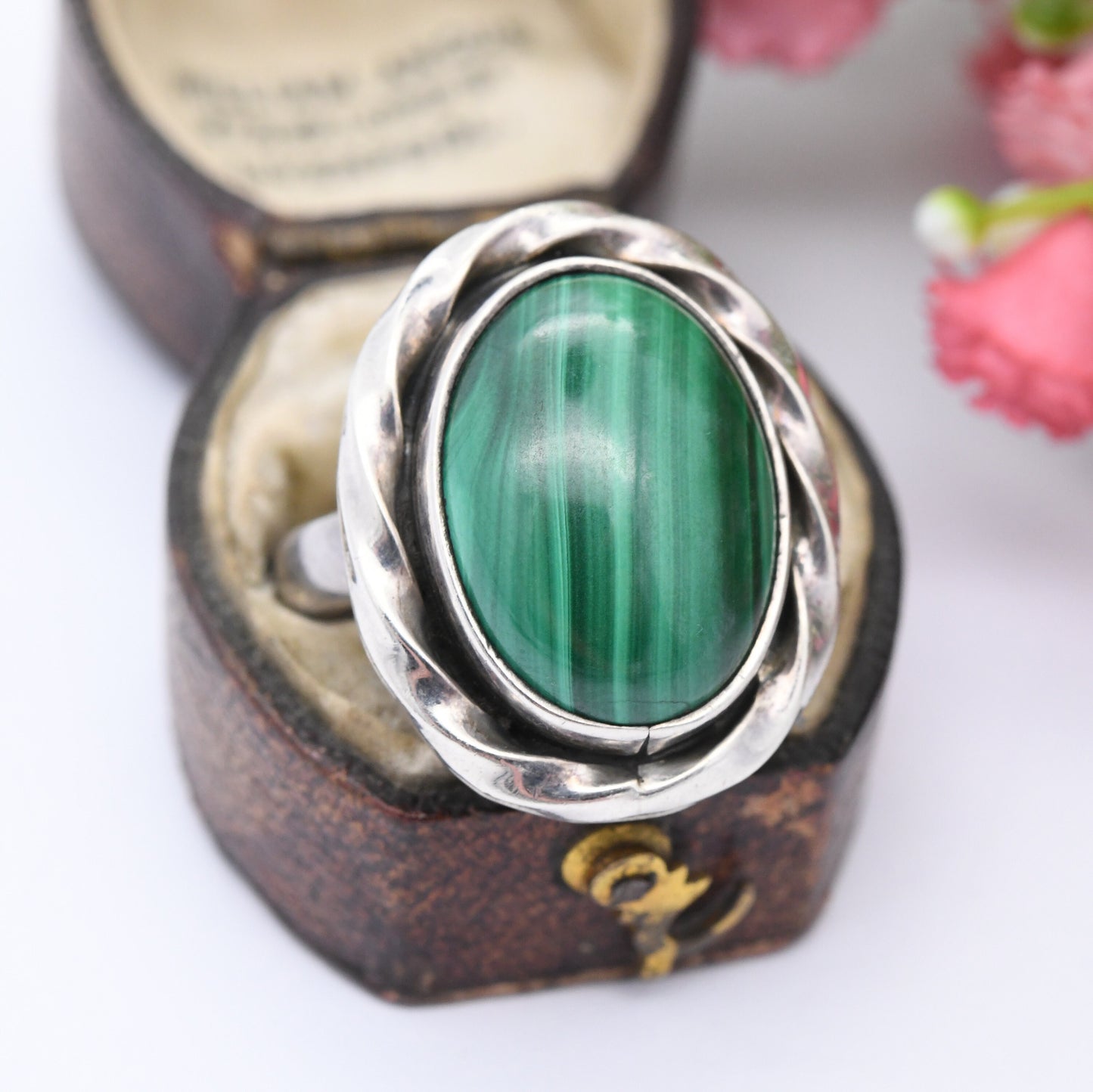 Vintage Mexico Sterling Silver Malachite Ring CII - Chunky Mid-Century Statement | Rope Twist Bezel | UK Size - P | US Size - 7 1/2