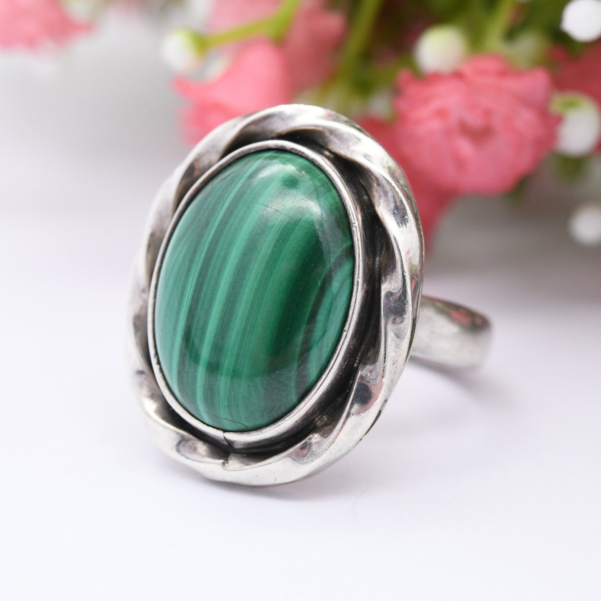 Vintage Mexico Sterling Silver Malachite Ring CII - Chunky Mid-Century Statement | Rope Twist Bezel | UK Size - P | US Size - 7 1/2