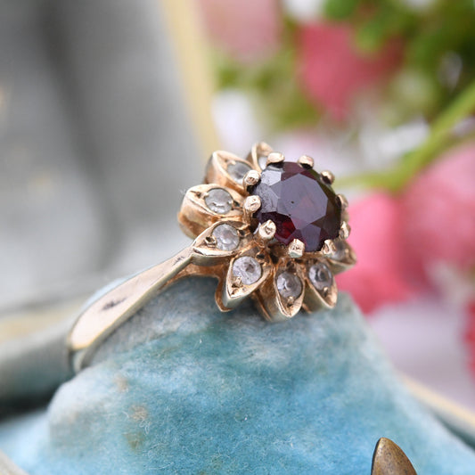 Vintage 9ct Gold Garnet Flower Ring 1969 - Mid-Century Statement Cocktail | UK Size - L | US Size - 5 3/4