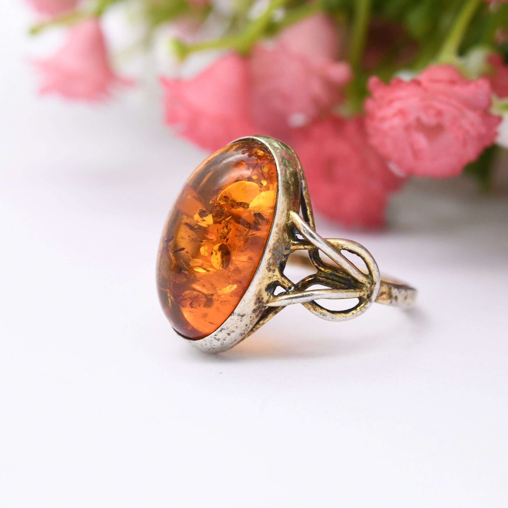 Vintage Sterling Silver and Amber Statement Ring 1998 - Gold Plated Silver | Celtic Knot Shoulders | UK Size - L 1/2 | US Size - 6