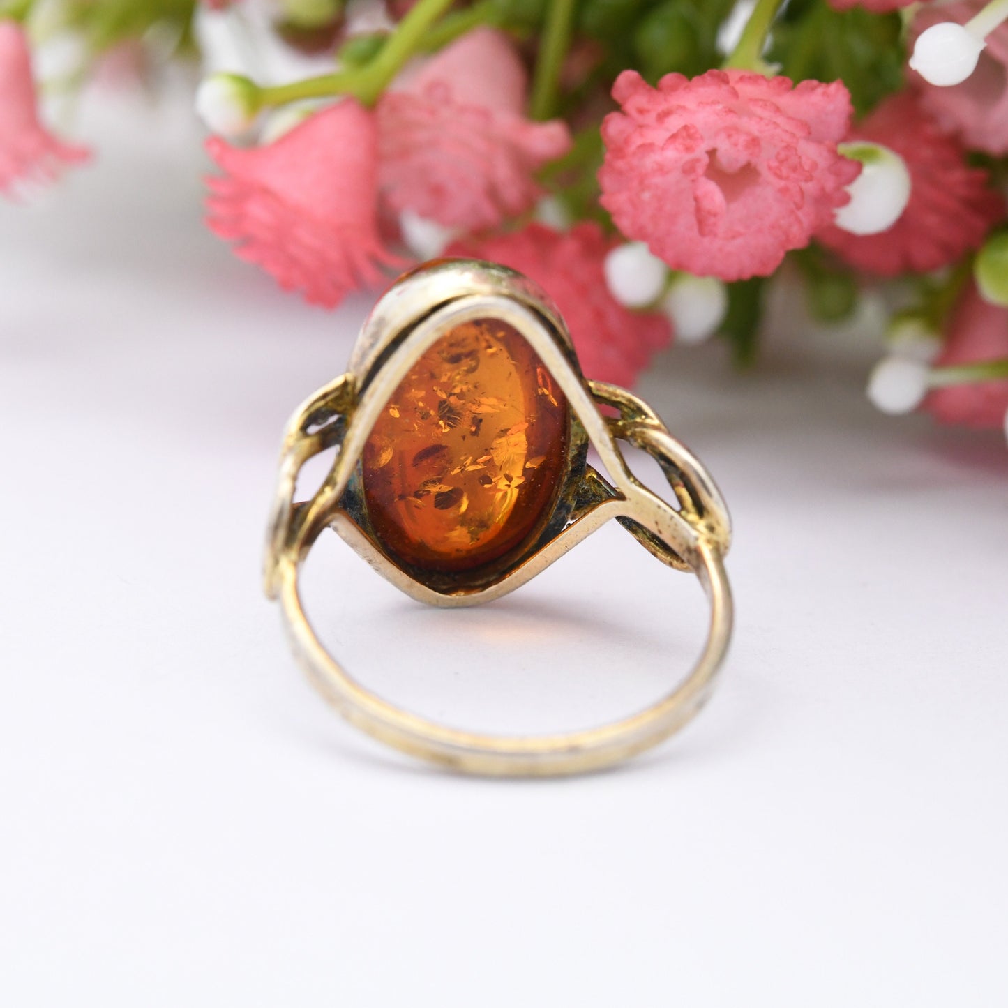 Vintage Sterling Silver and Amber Statement Ring 1998 - Gold Plated Silver | Celtic Knot Shoulders | UK Size - L 1/2 | US Size - 6