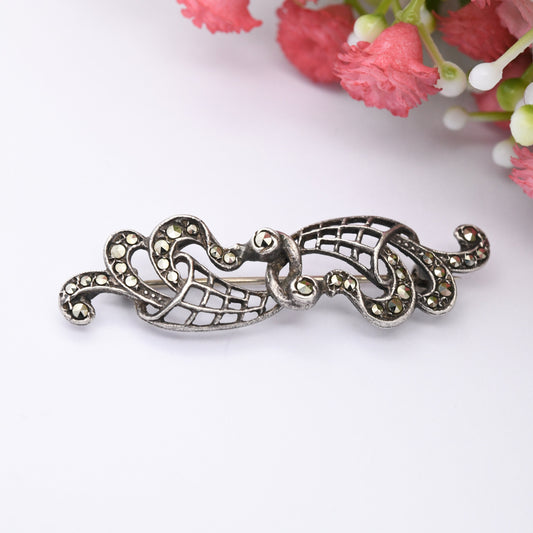 Vintage Ornate Marcasite Brooch - Sparkly Statement Pin | Silver Tone