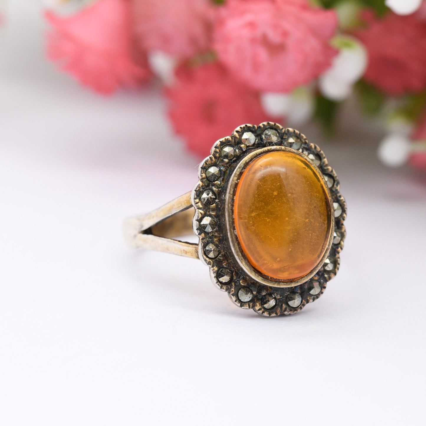 Vintage Sterling Silver Amber Ring with Floral Marcasite Halo - Statement Cocktail | Gold Plated | UK Size - M 1/2 | US Size - 6 1/2