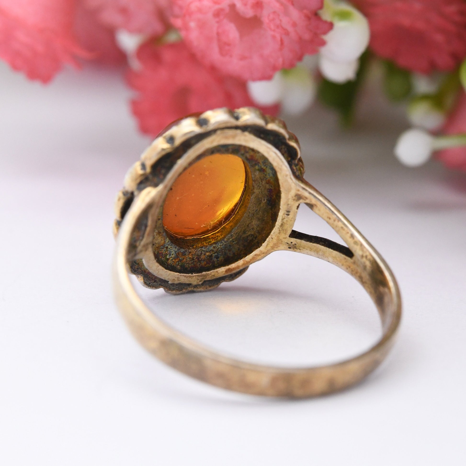 Vintage Sterling Silver Amber Ring with Floral Marcasite Halo - Statement Cocktail | Gold Plated | UK Size - M 1/2 | US Size - 6 1/2