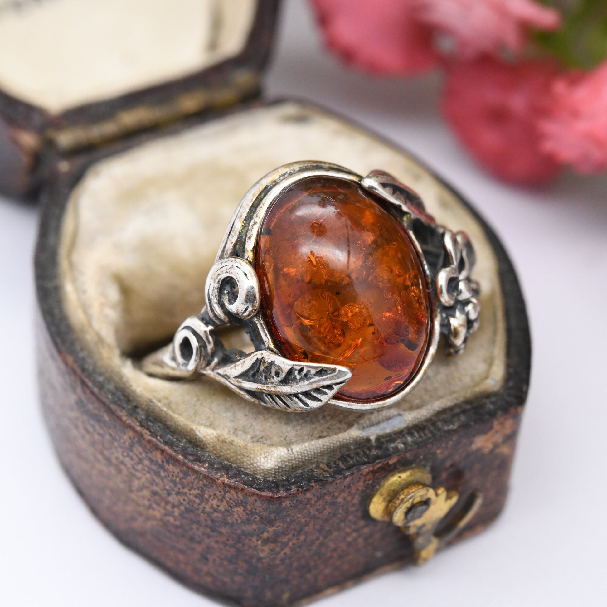 Vintage Sterling Silver Amber Leaf Ring - Statement Ornate Floral Band | UK Size - P 1/2 | US Size - 7 3/4