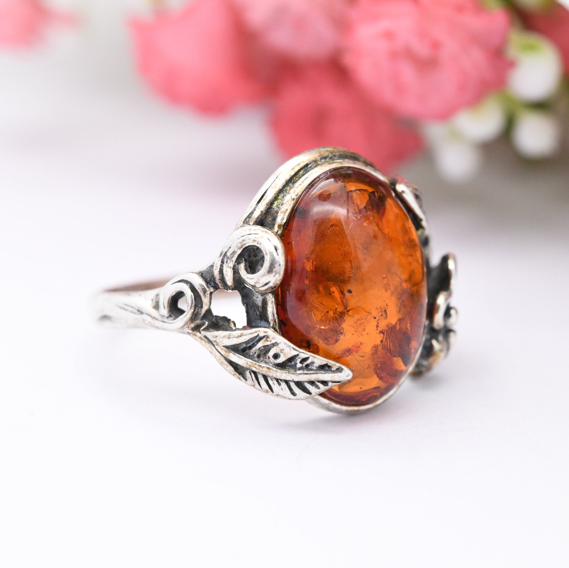 Vintage Sterling Silver Amber Leaf Ring - Statement Ornate Floral Band | UK Size - P 1/2 | US Size - 7 3/4