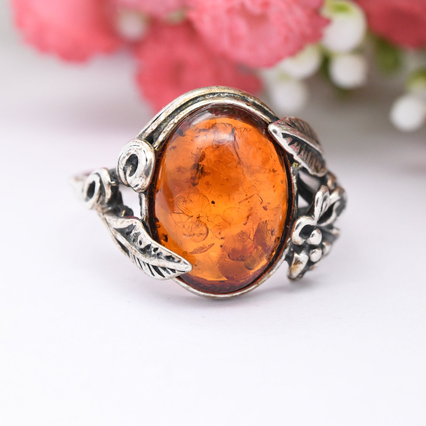 Vintage Sterling Silver Amber Leaf Ring - Statement Ornate Floral Band | UK Size - P 1/2 | US Size - 7 3/4