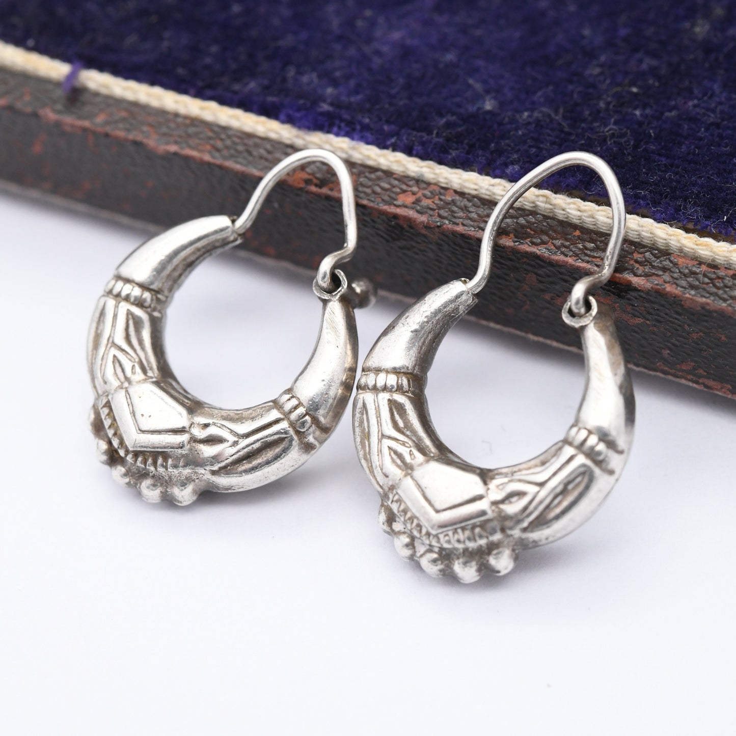 Vintage Sterling Silver Creole Hoop Earrings - Ornate Chunky Hoops | Mid-Century Victorian Style