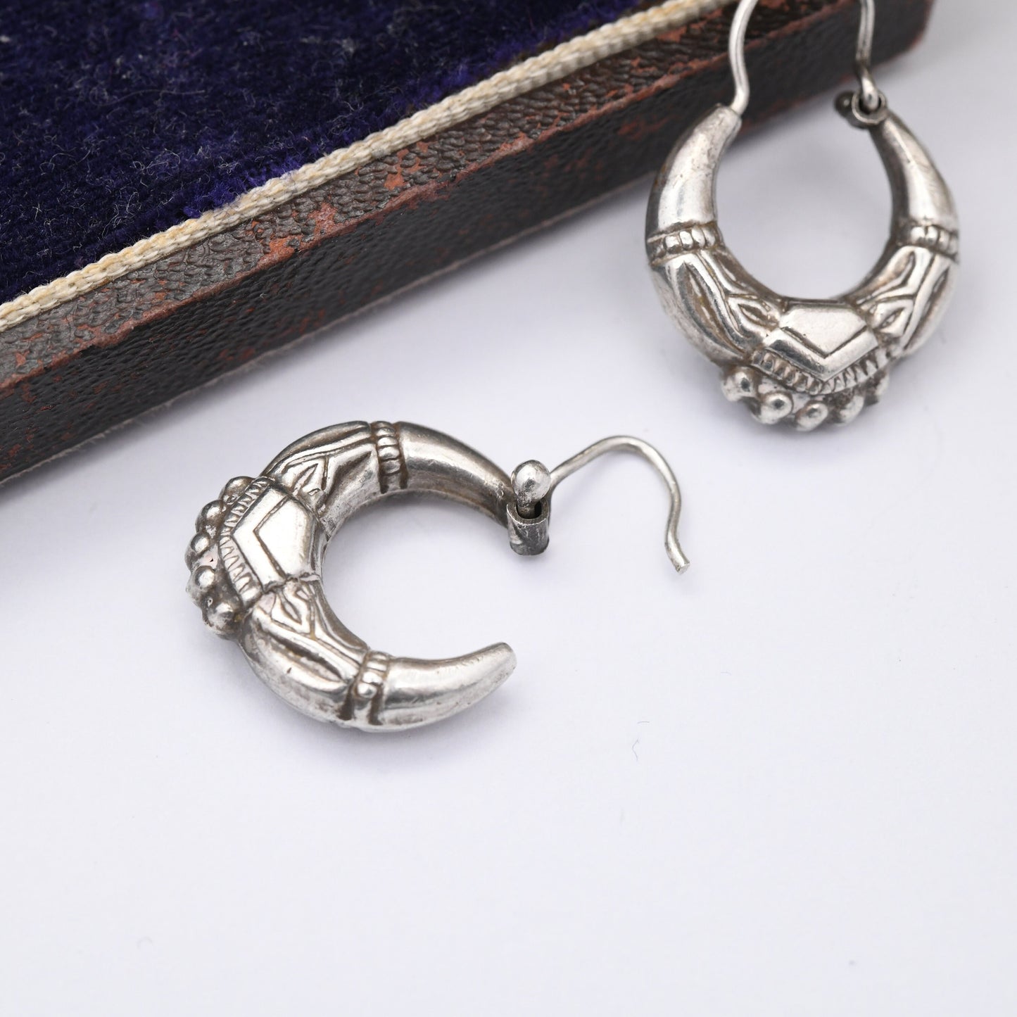 Vintage Sterling Silver Creole Hoop Earrings - Ornate Chunky Hoops | Mid-Century Victorian Style