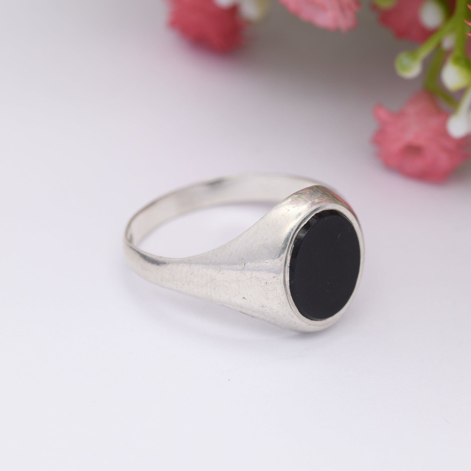 Vintage Sterling Silver Onyx Signet Ring 1977 - Large Unisex Jewellery | UK Size - Y | US Size - 12