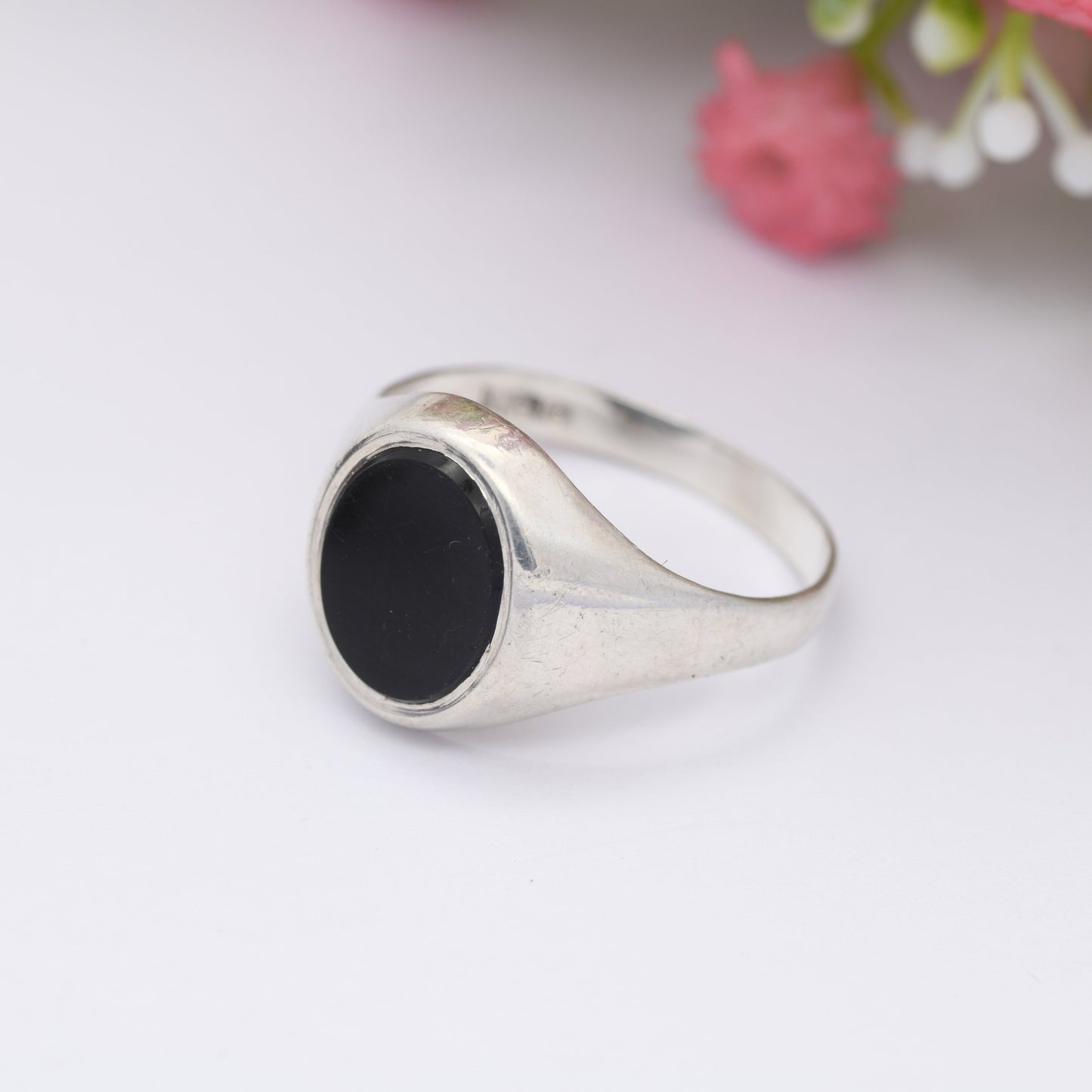 Vintage Sterling Silver Onyx Signet Ring 1977 - Large Unisex Jewellery | UK Size - Y | US Size - 12