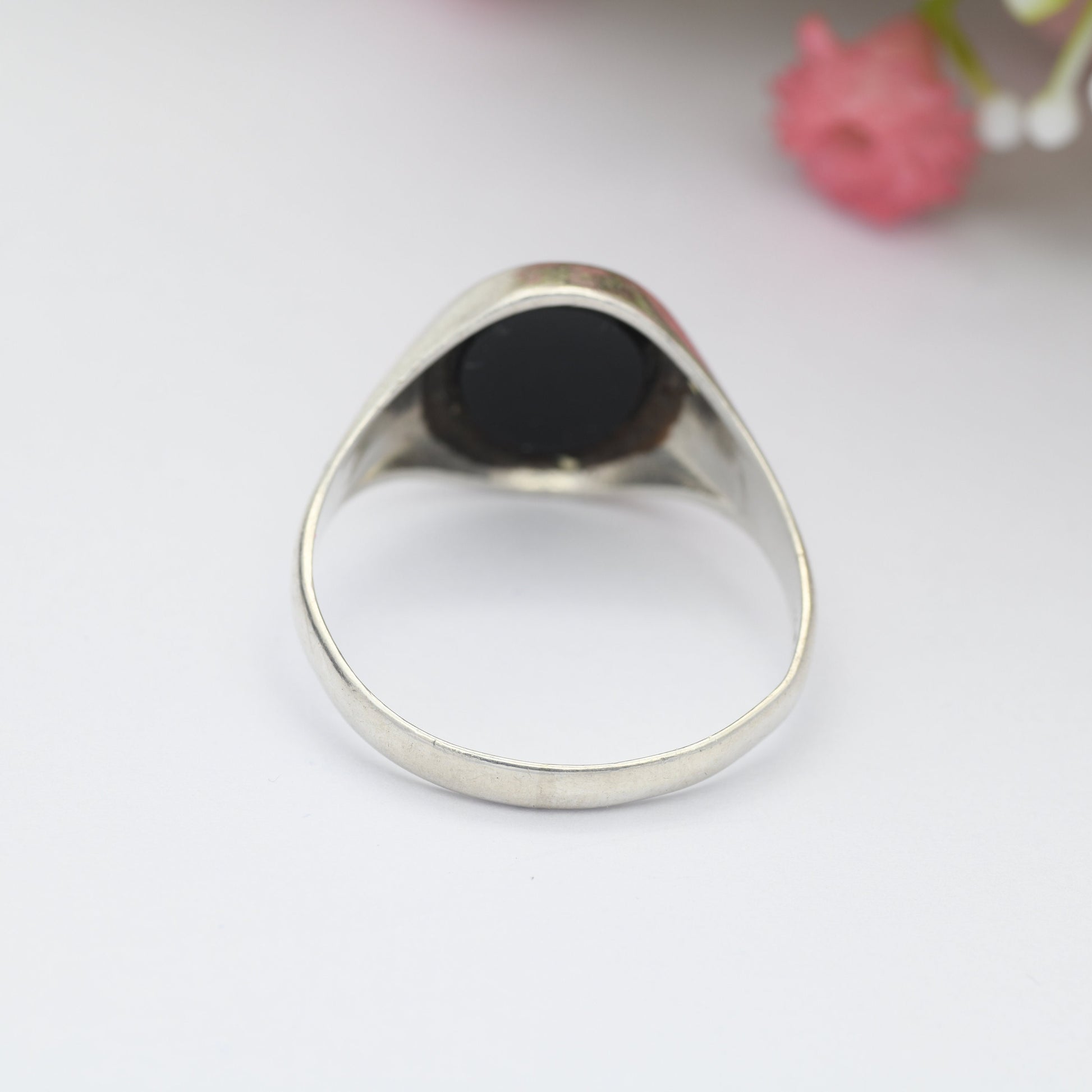 Vintage Sterling Silver Onyx Signet Ring 1977 - Large Unisex Jewellery | UK Size - Y | US Size - 12