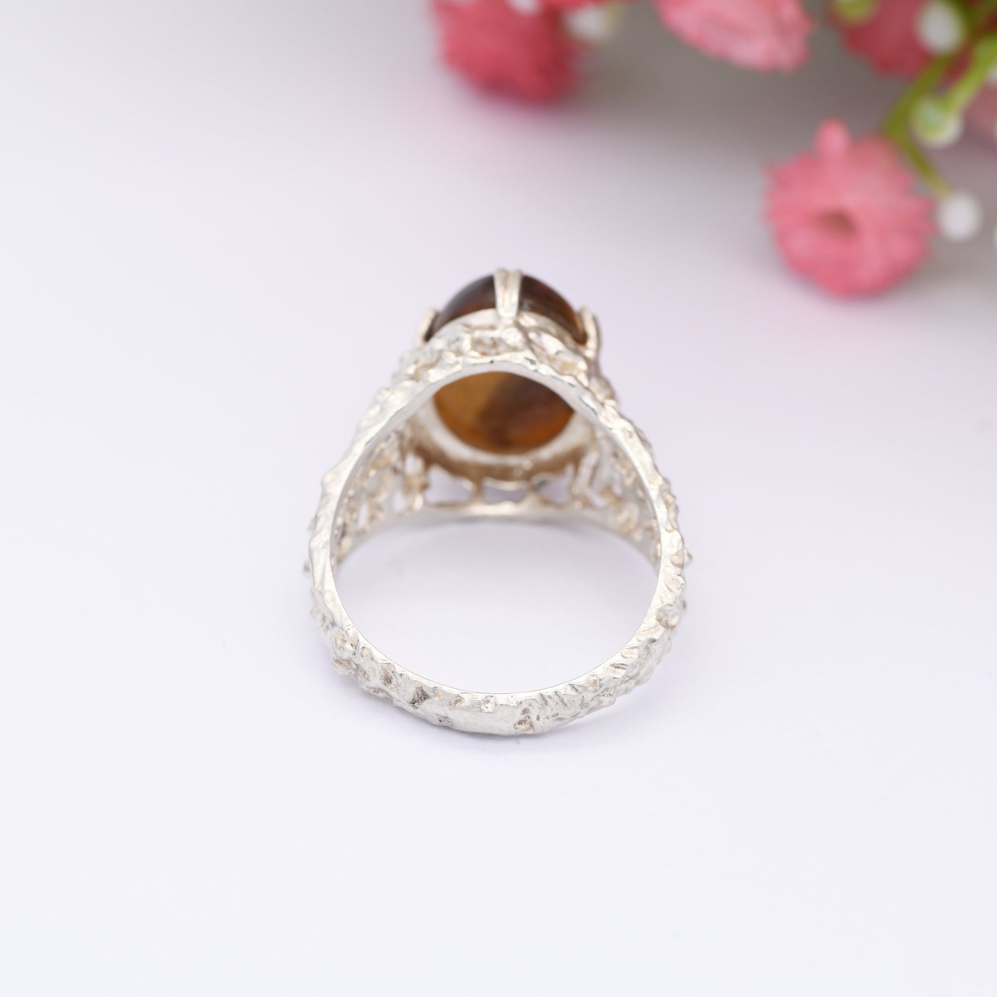 Vintage Sterling Silver Tiger's Eye Ring - Mid-Century Modern Brutalist | Oval Cabochon | UK Size - P | US Size - 7 1/2