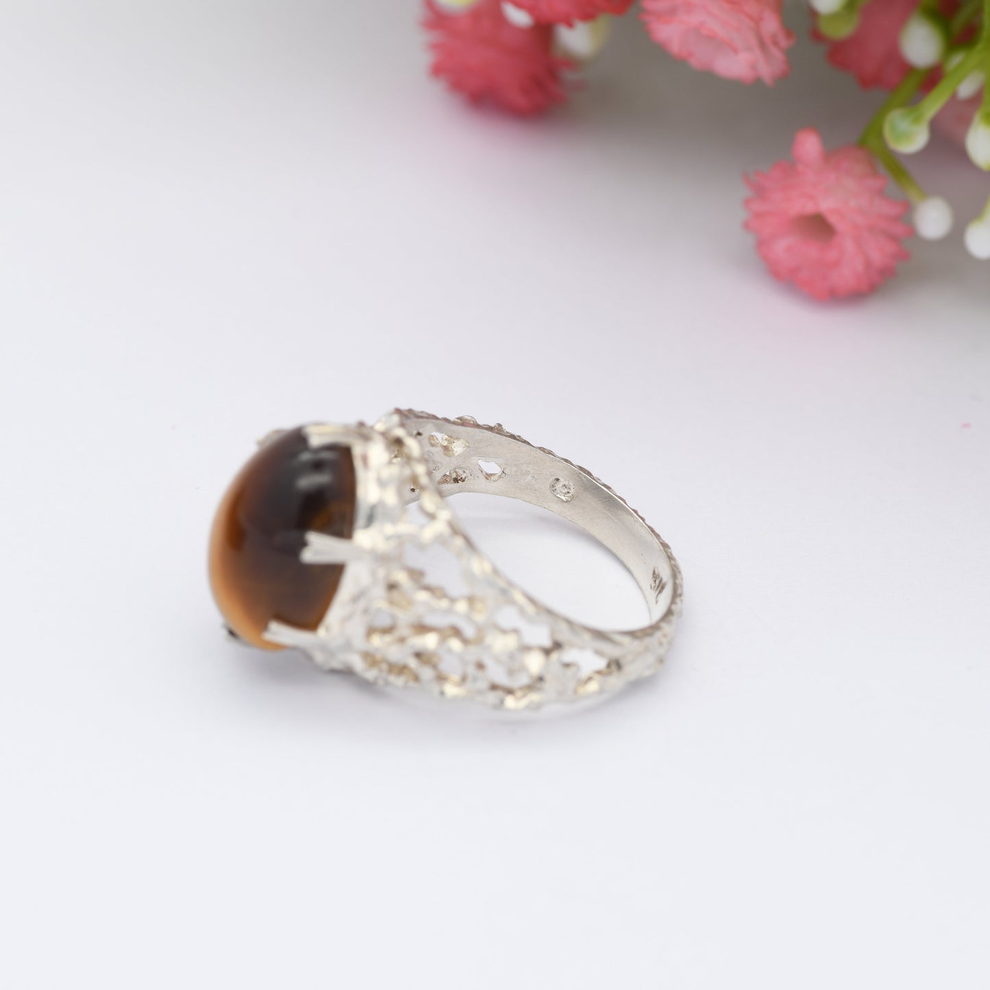 Vintage Sterling Silver Tiger's Eye Ring - Mid-Century Modern Brutalist | Oval Cabochon | UK Size - P | US Size - 7 1/2