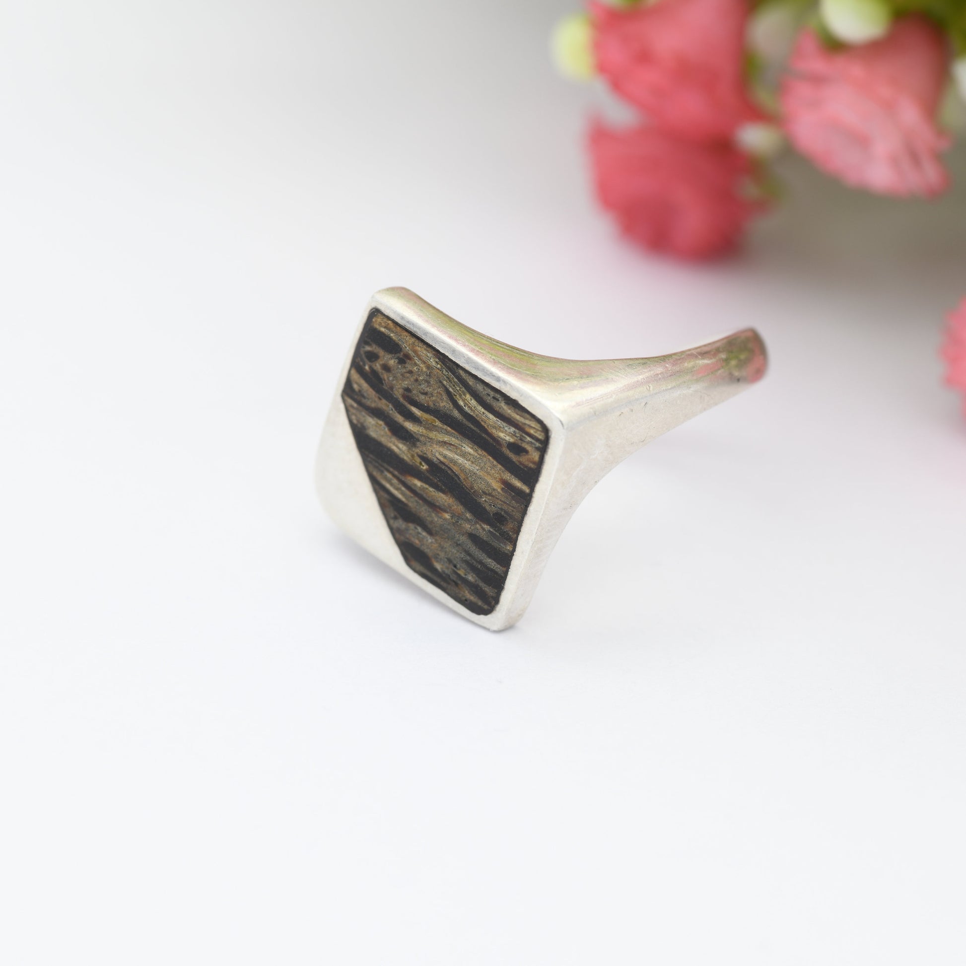 Vintage Sterling Silver Wood Signet Ring - Unusual Wooden Ring | Diamond Shape | UK Size - Q 1/2 | US Size - 8 1/4