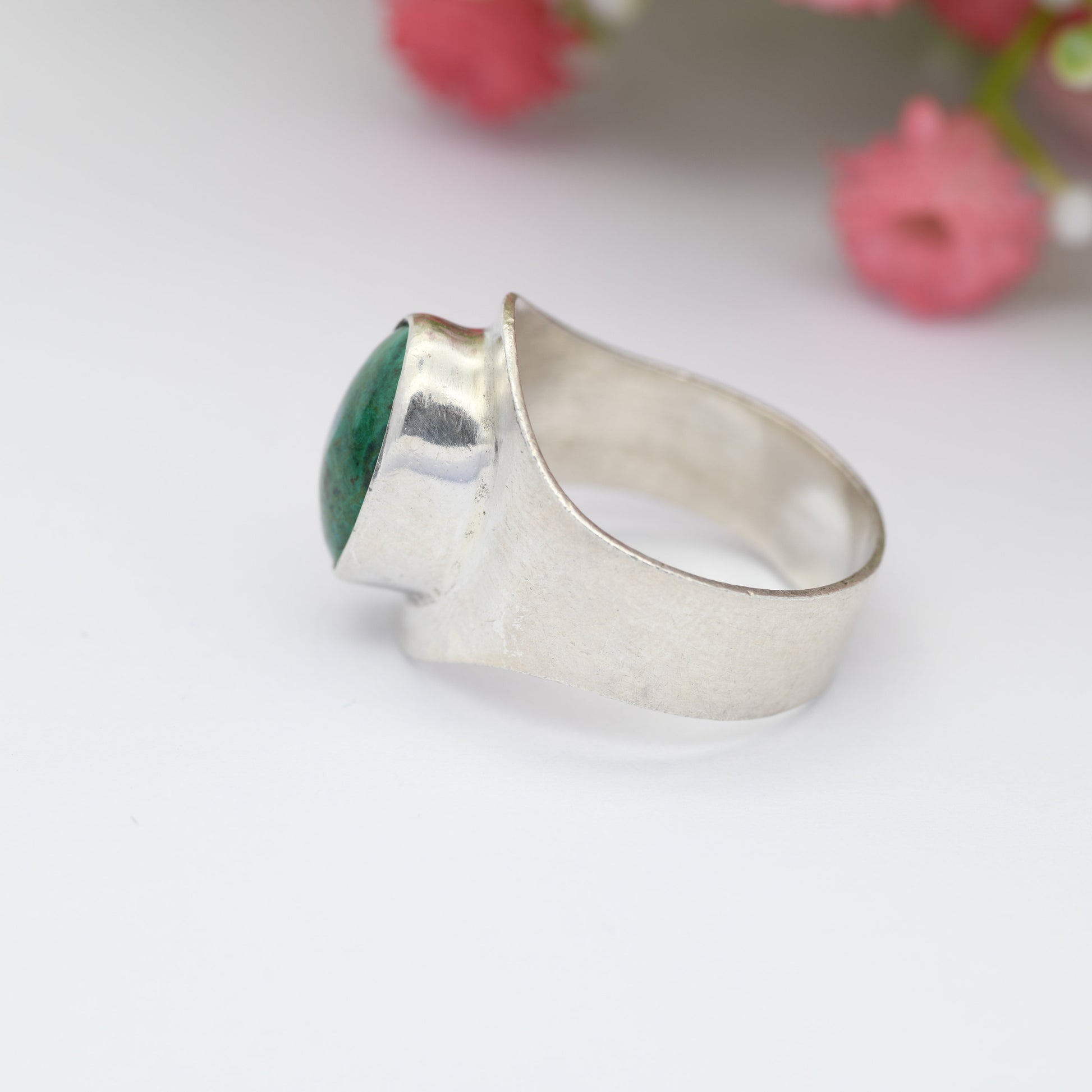 Vintage Sterling Silver Blue Green Stone Ring - Mid-Century Modernist Ring | Mexican Peruvian | UK Size - O 1/2 | US Size - 7 1/2