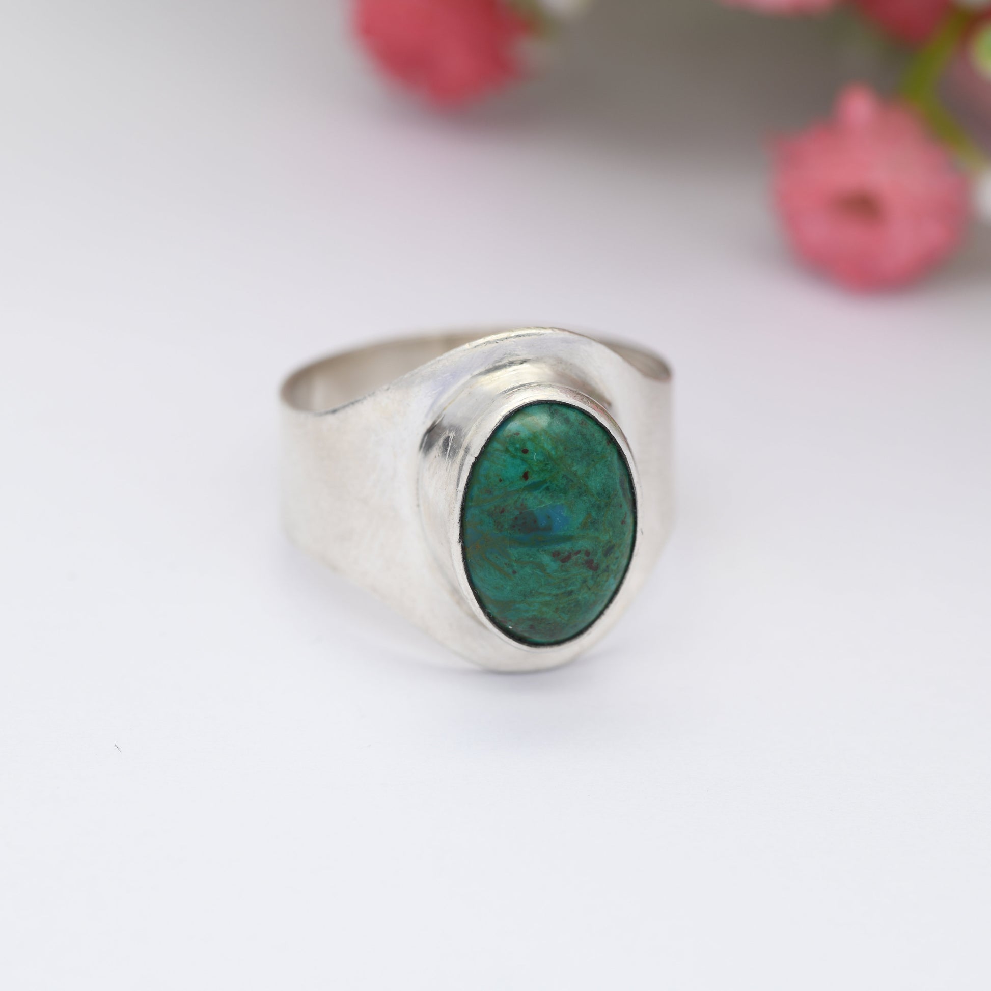 Vintage Sterling Silver Blue Green Stone Ring - Mid-Century Modernist Ring | Mexican Peruvian | UK Size - O 1/2 | US Size - 7 1/2