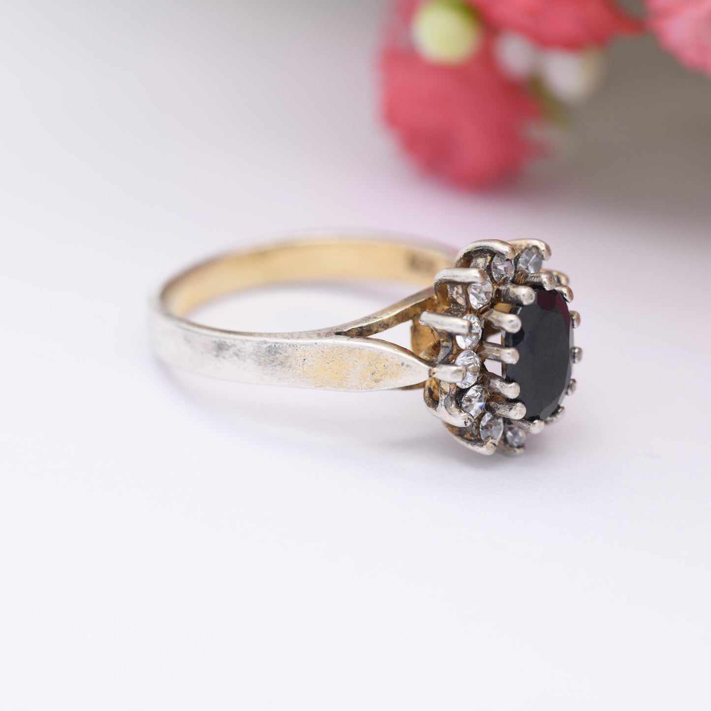 Vintage Sterling Silver Sapphire CZ Halo Flower Ring - Statement Cocktail Ring | UK Size - L | US Size - 5 3/4