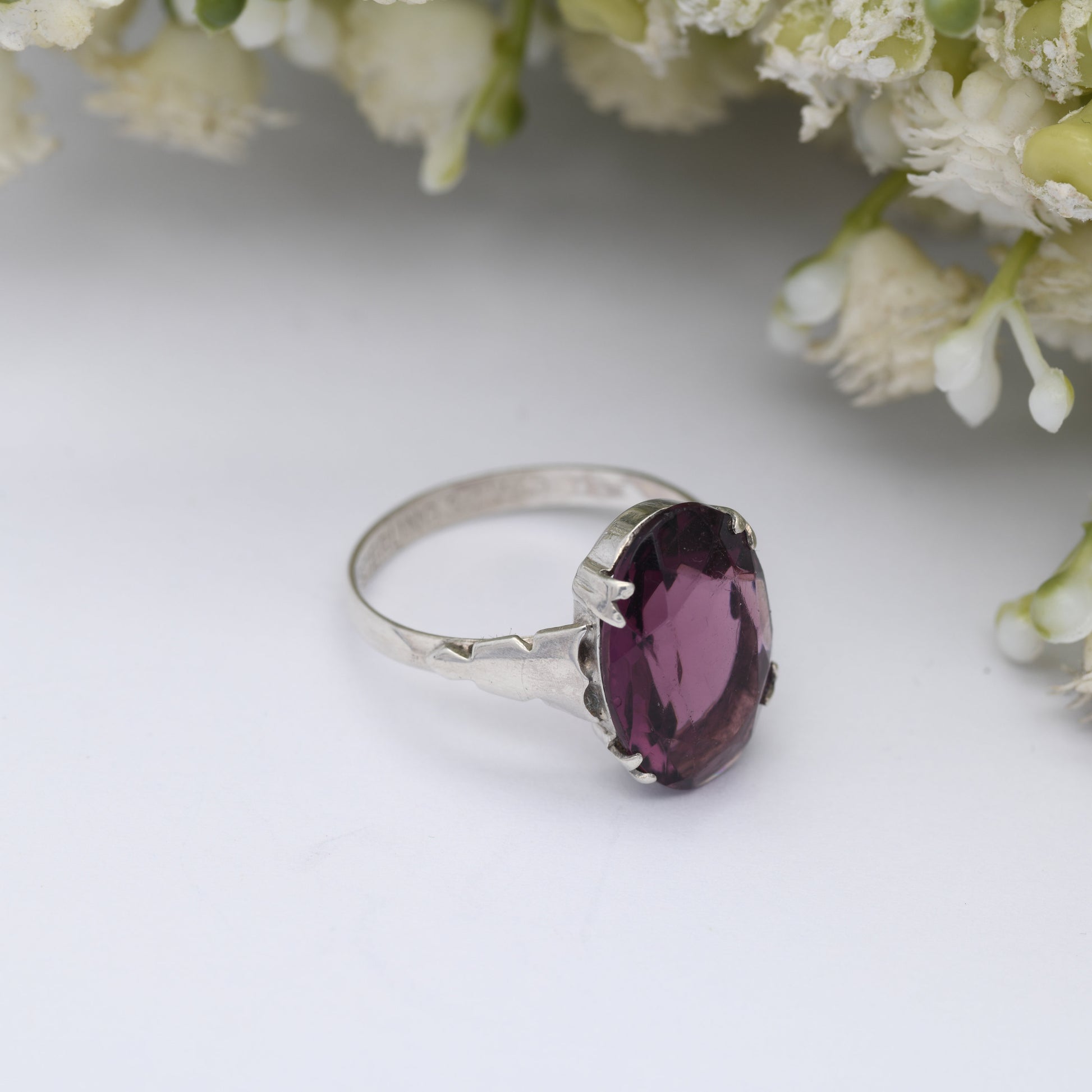 Art Deco Sterling Silver Purple Stone Ring - True Vintage Statement Ring | Large Glass Stone | UK Size - Q | US Size - 8