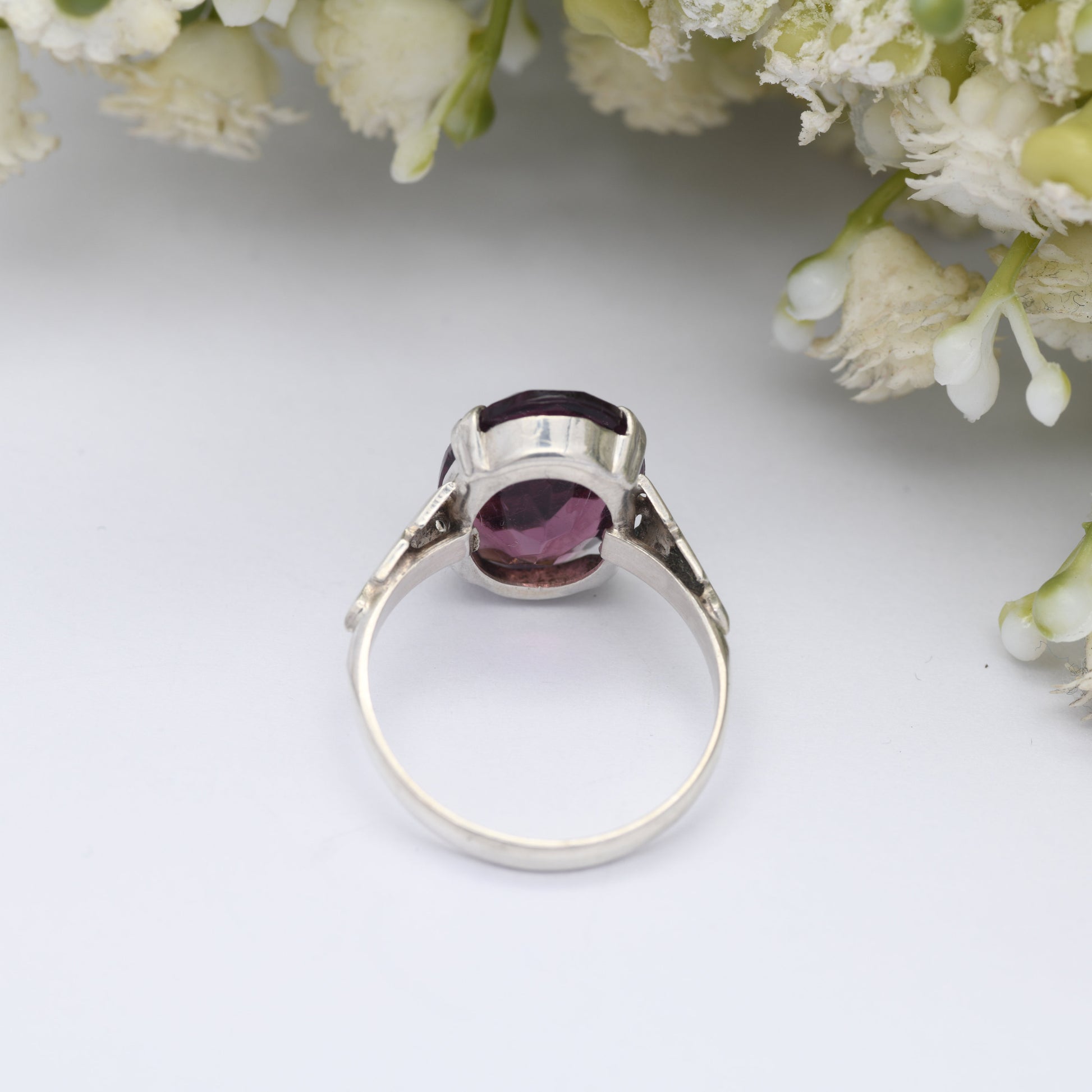 Art Deco Sterling Silver Purple Stone Ring - True Vintage Statement Ring | Large Glass Stone | UK Size - Q | US Size - 8