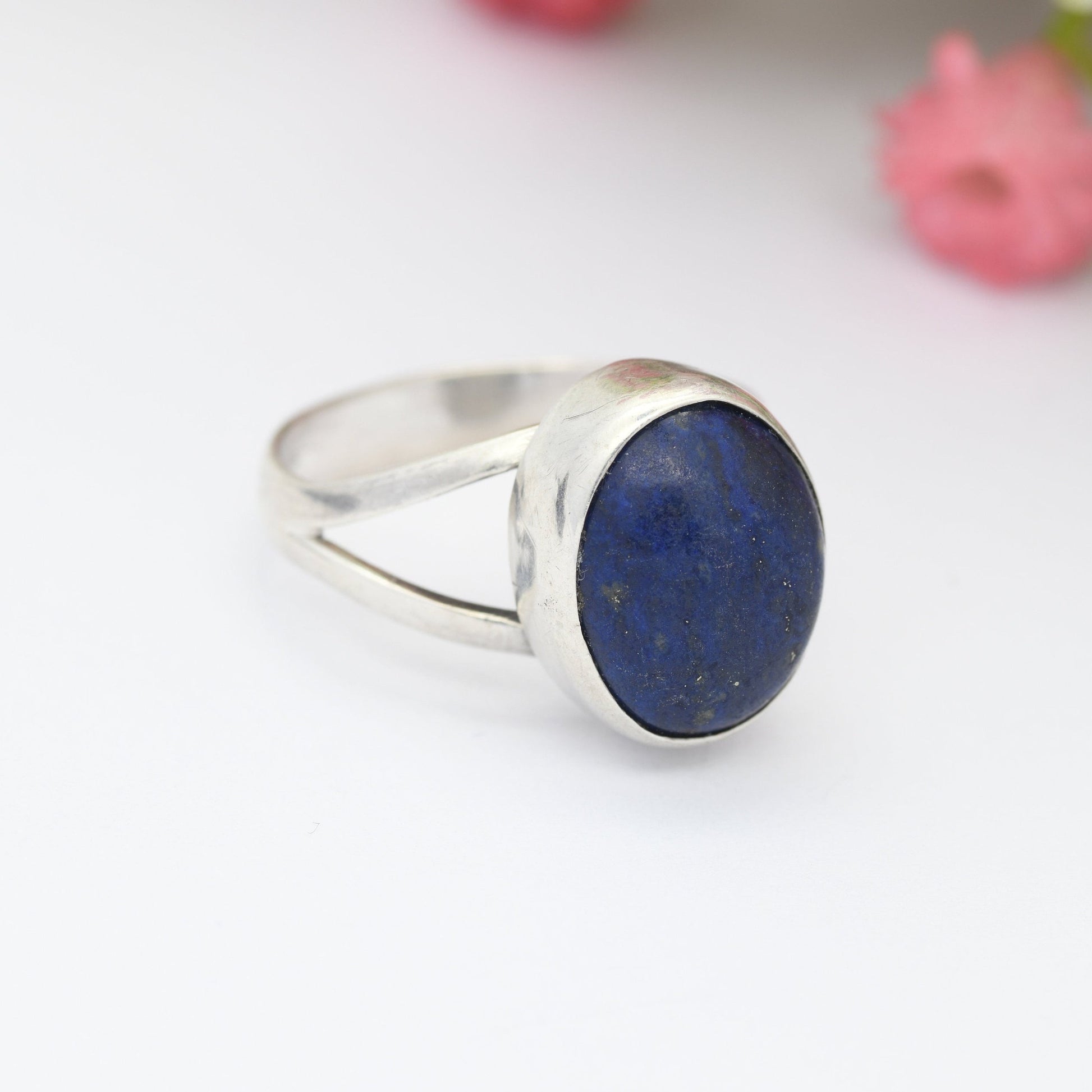 Vintage Sterling Silver Lapis Lazuli Ring - Modernist Unisex Chunky Silver Jewellery | UK Size - O | US Size - 7