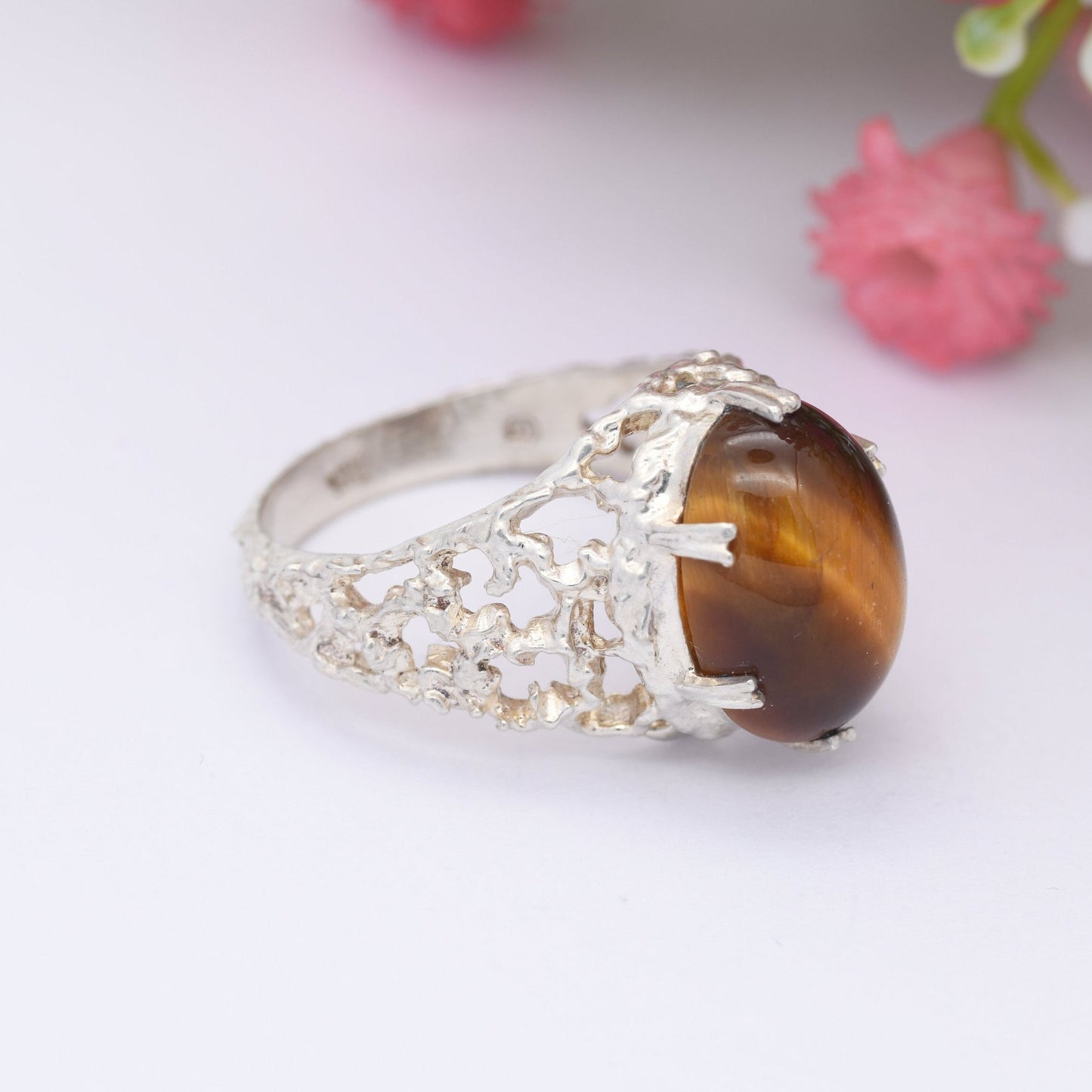 Vintage Sterling Silver Tiger's Eye Ring - Mid-Century Modern Brutalist | Oval Cabochon | UK Size - P | US Size - 7 1/2