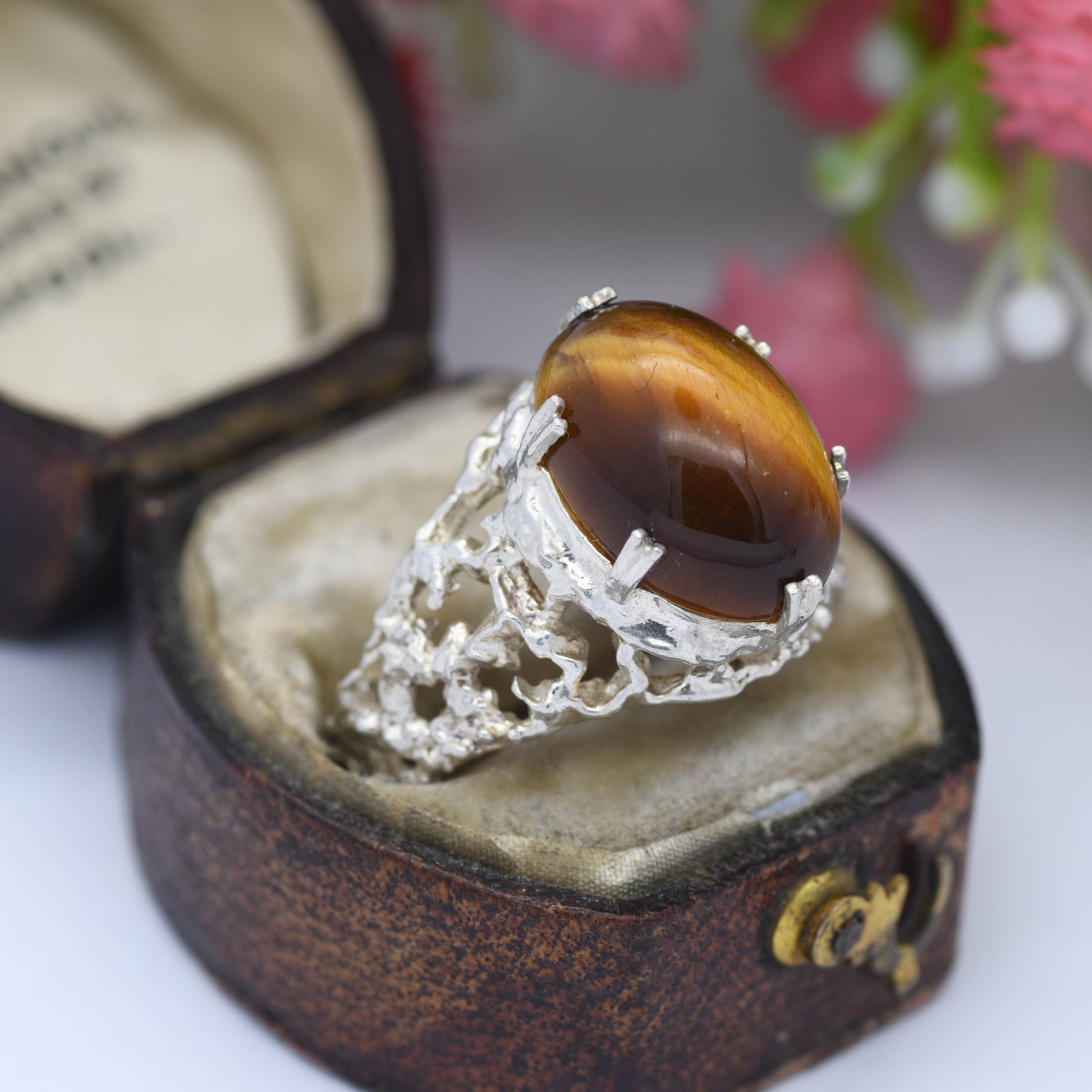 Vintage Sterling Silver Tiger's Eye Ring - Mid-Century Modern Brutalist | Oval Cabochon | UK Size - P | US Size - 7 1/2