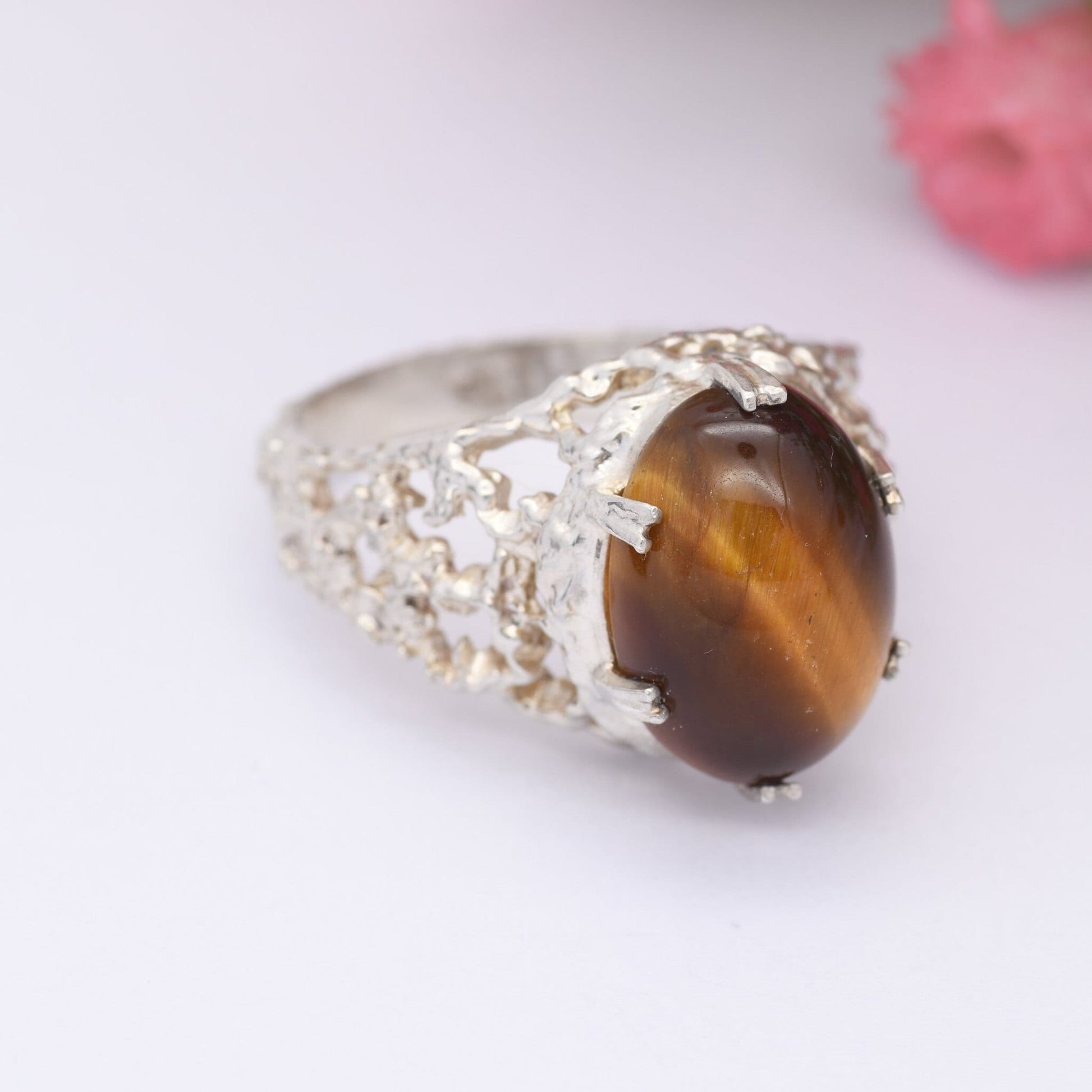 Vintage Sterling Silver Tiger's Eye Ring - Mid-Century Modern Brutalist | Oval Cabochon | UK Size - P | US Size - 7 1/2