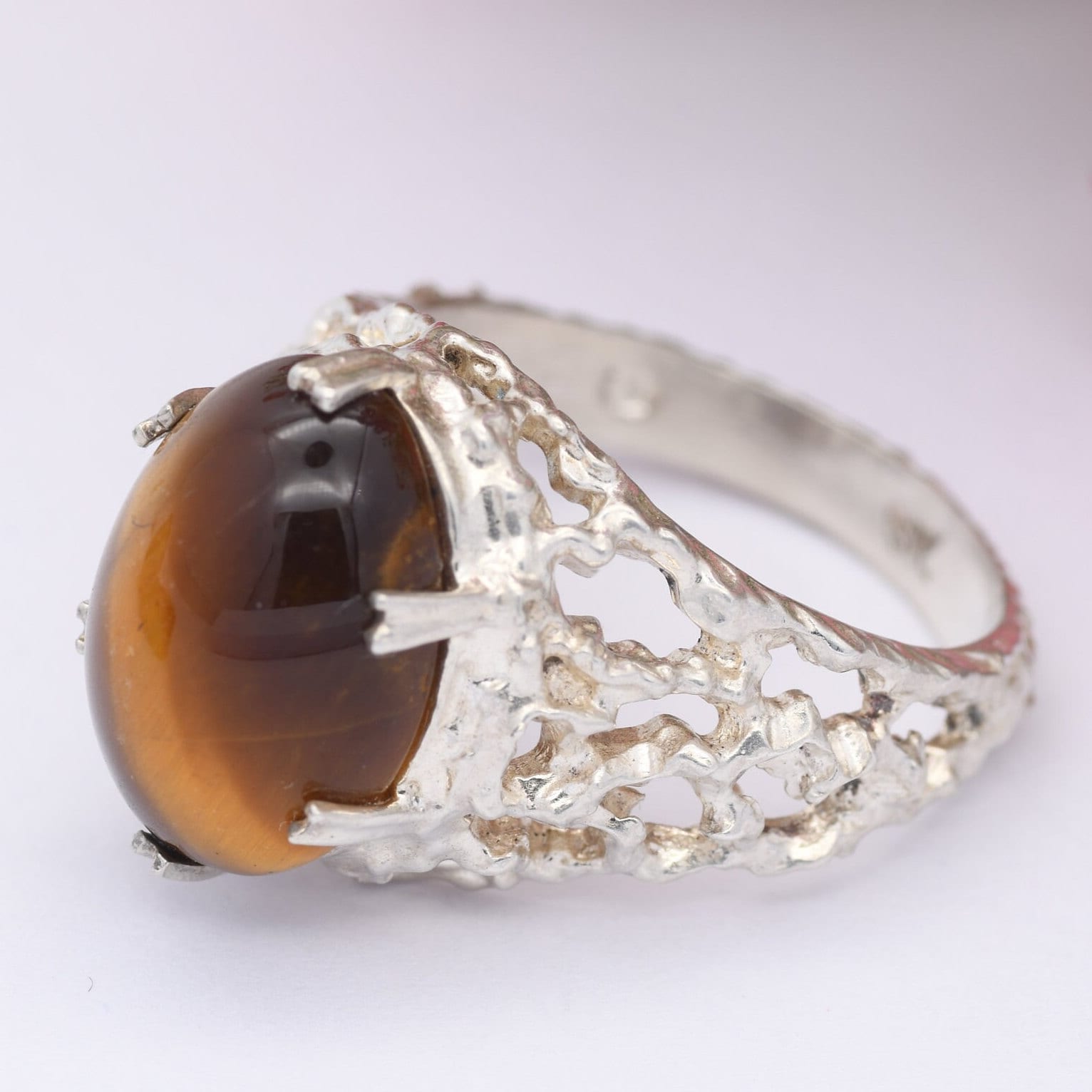 Vintage Sterling Silver Tiger's Eye Ring - Mid-Century Modern Brutalist | Oval Cabochon | UK Size - P | US Size - 7 1/2