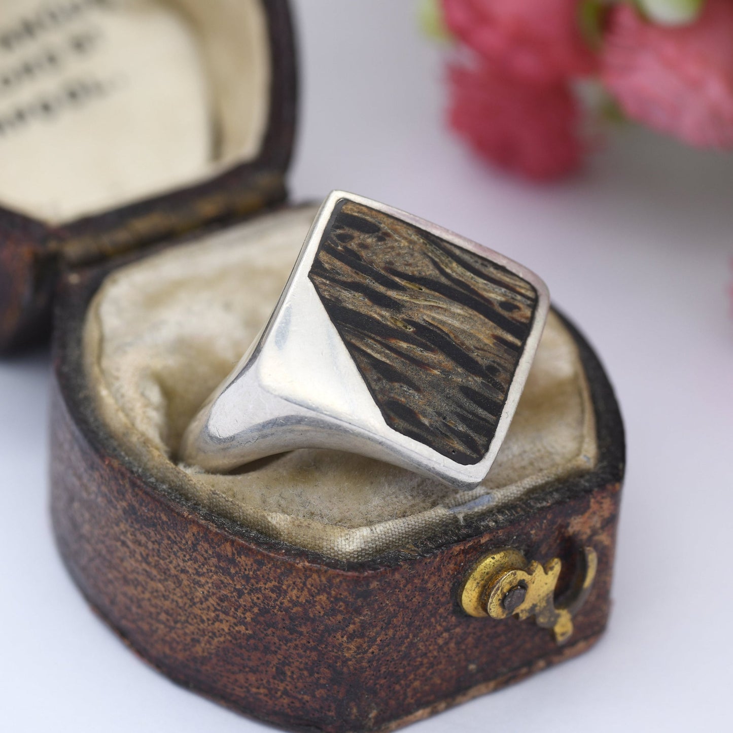 Vintage Sterling Silver Wood Signet Ring - Unusual Wooden Ring | Diamond Shape | UK Size - Q 1/2 | US Size - 8 1/4