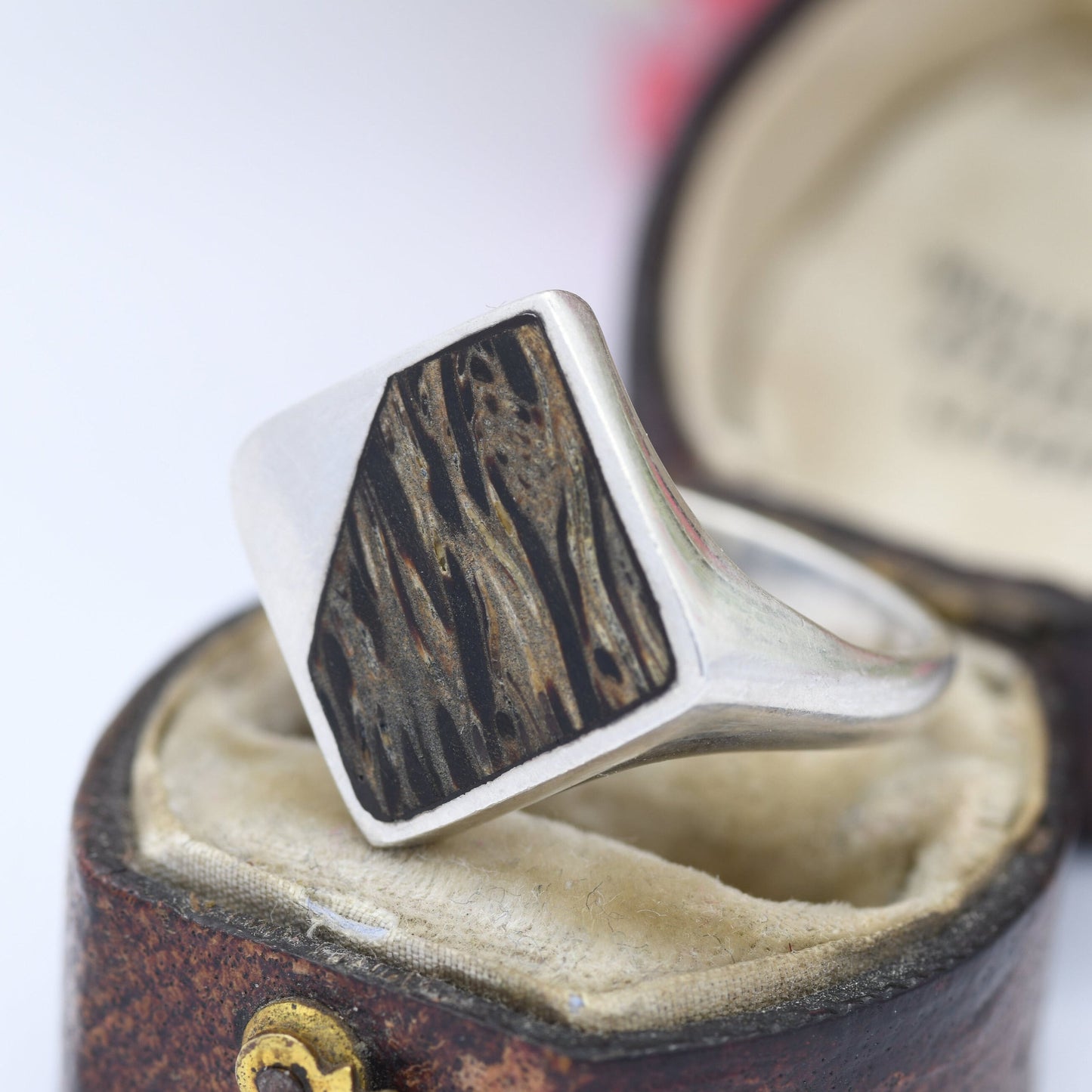 Vintage Sterling Silver Wood Signet Ring - Unusual Wooden Ring | Diamond Shape | UK Size - Q 1/2 | US Size - 8 1/4