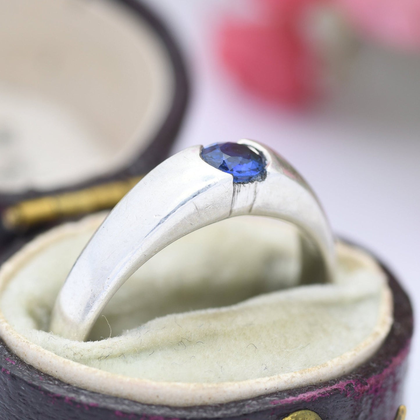 Vintage Sterling Silver Flush Gemstone Ring - Solitaire Blue Stone | UK Size - Q | US Size - 8