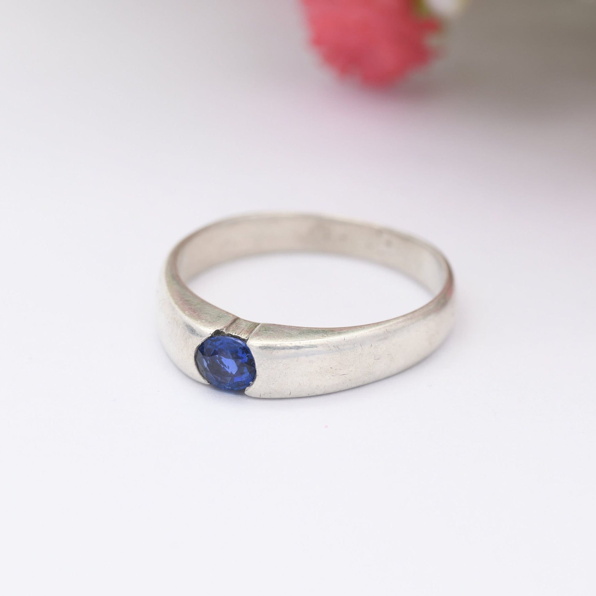 Vintage Sterling Silver Flush Gemstone Ring - Solitaire Blue Stone | UK Size - Q | US Size - 8