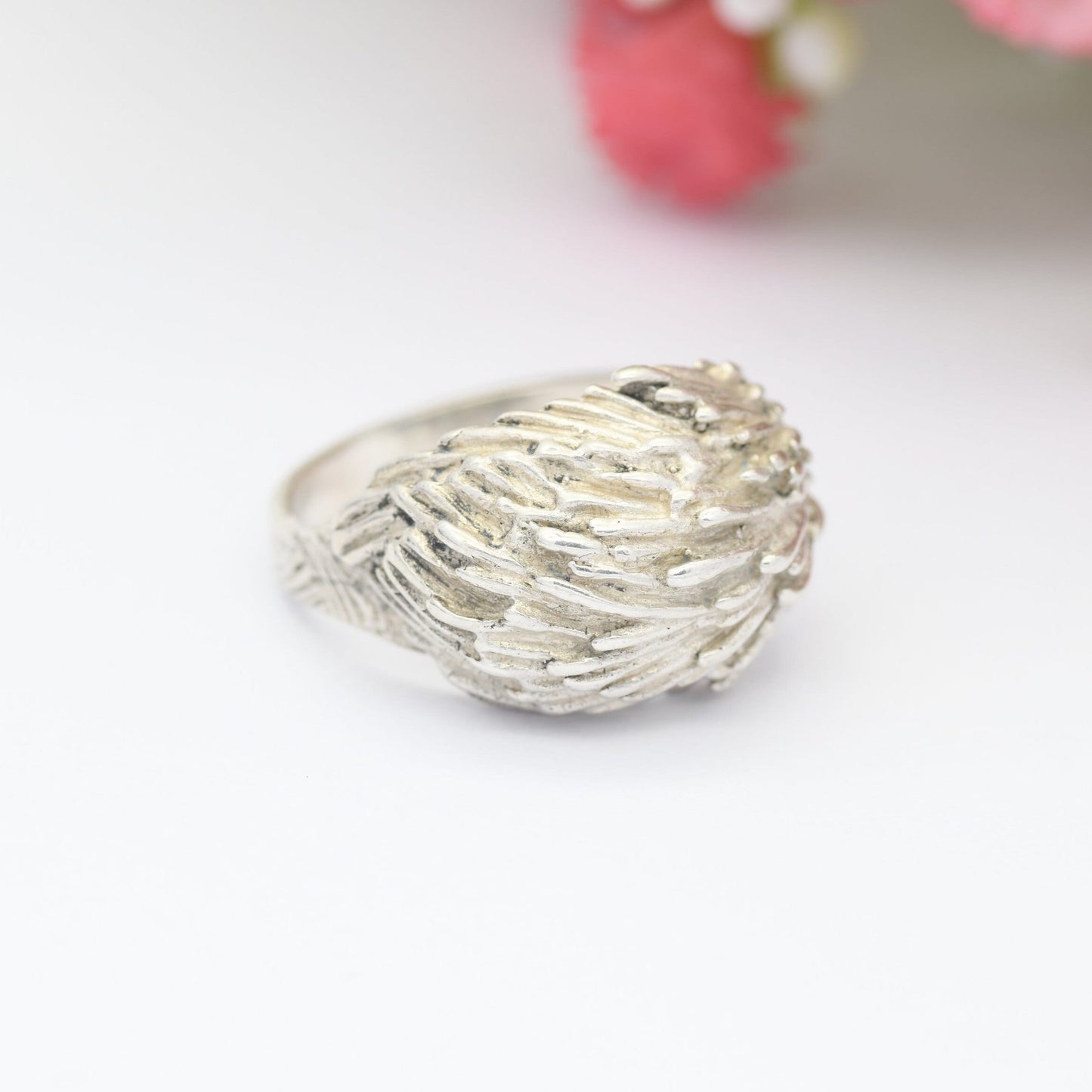 Vintage Mid-Century Sterling Silver Ring 1974 - Brutalist Textured Design Boule Ring | UK Size - Q | US Size - 8 1/4