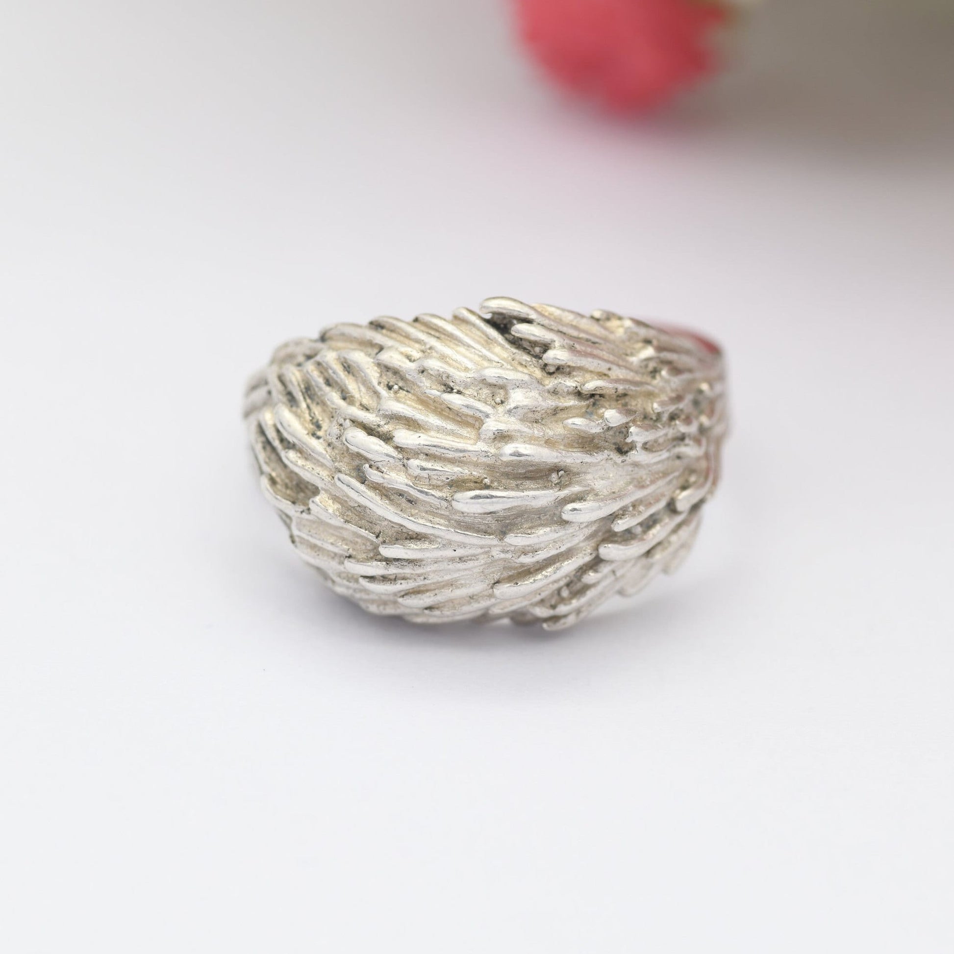 Vintage Mid-Century Sterling Silver Ring 1974 - Brutalist Textured Design Boule Ring | UK Size - Q | US Size - 8 1/4