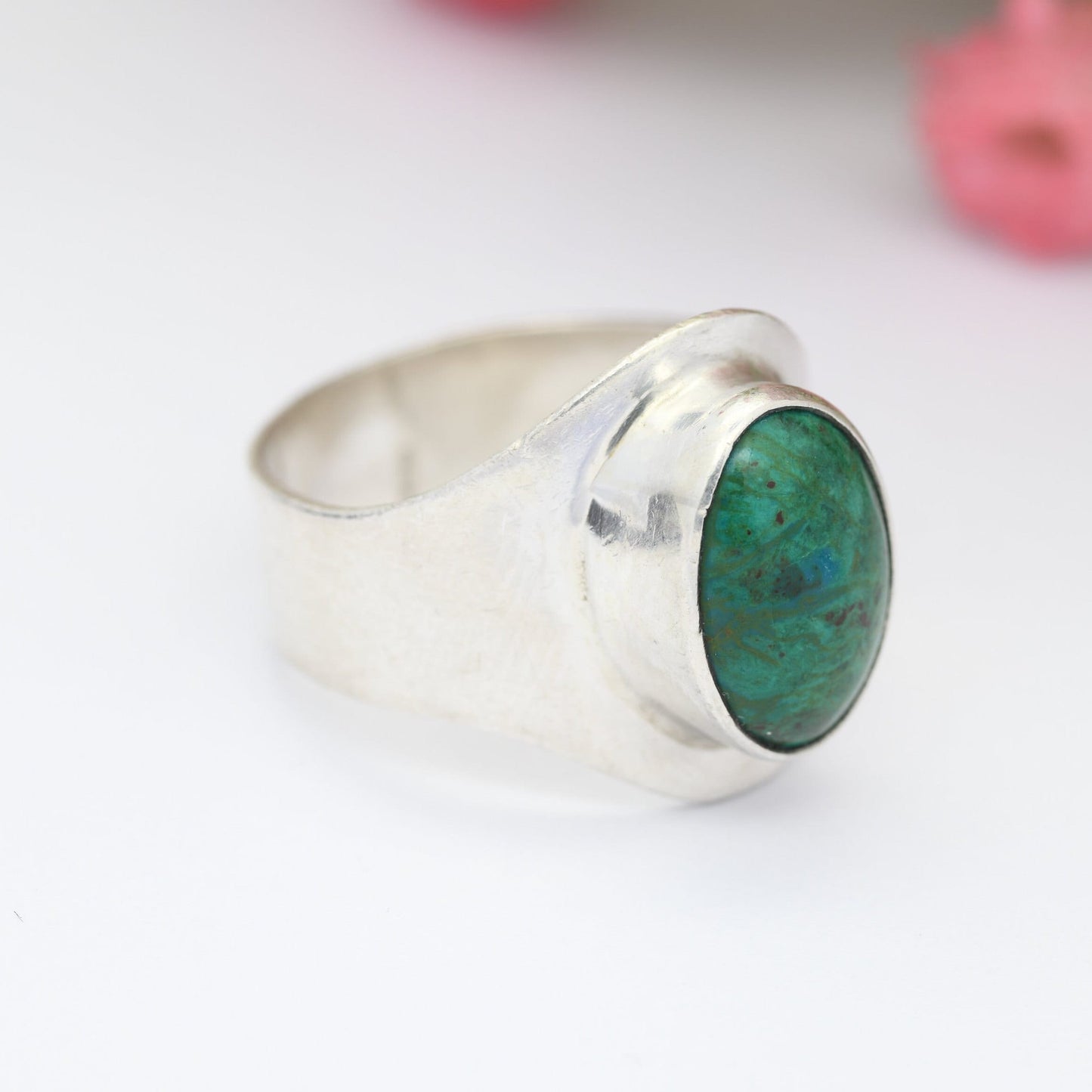 Vintage Sterling Silver Blue Green Stone Ring - Mid-Century Modernist Ring | Mexican Peruvian | UK Size - O 1/2 | US Size - 7 1/2