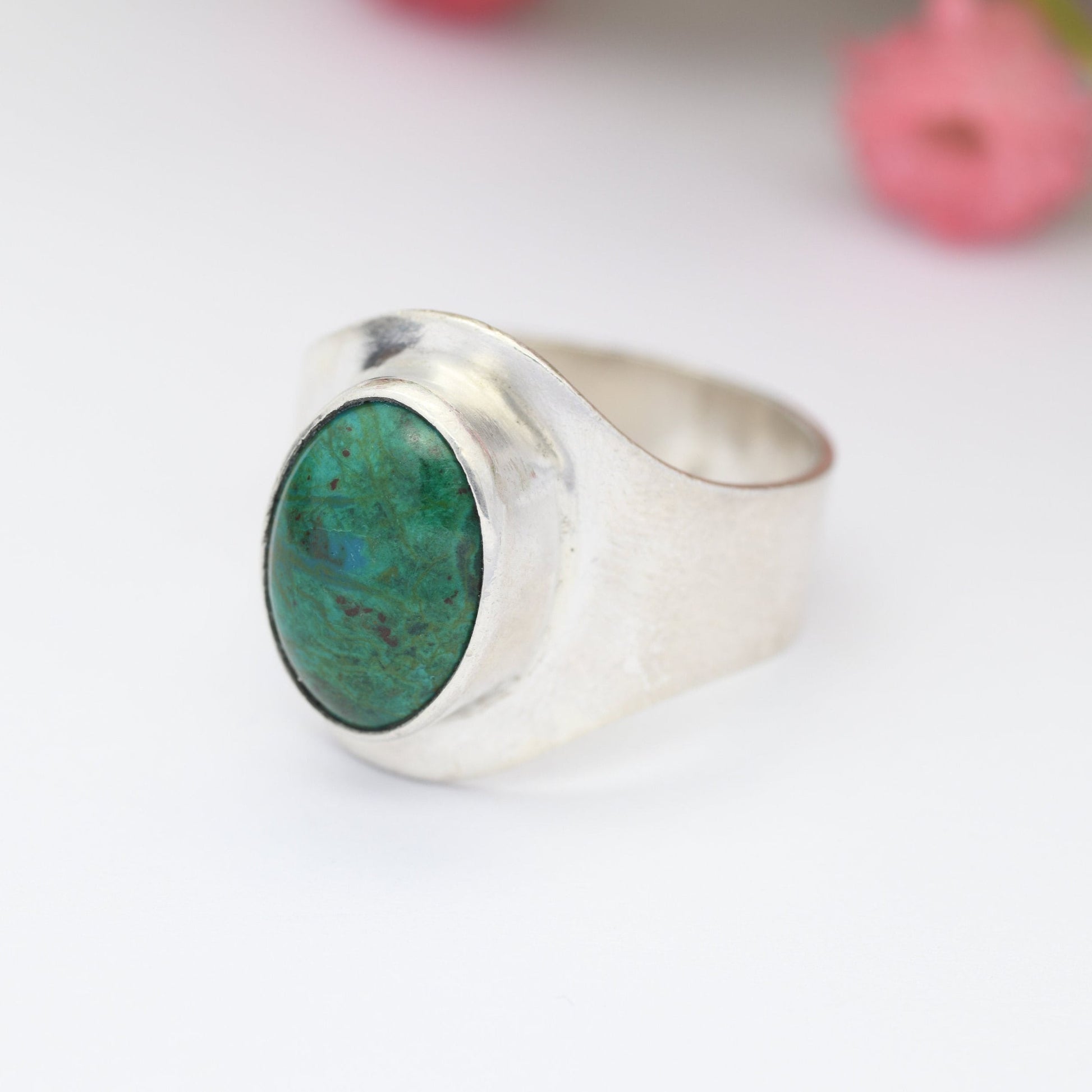 Vintage Sterling Silver Blue Green Stone Ring - Mid-Century Modernist Ring | Mexican Peruvian | UK Size - O 1/2 | US Size - 7 1/2