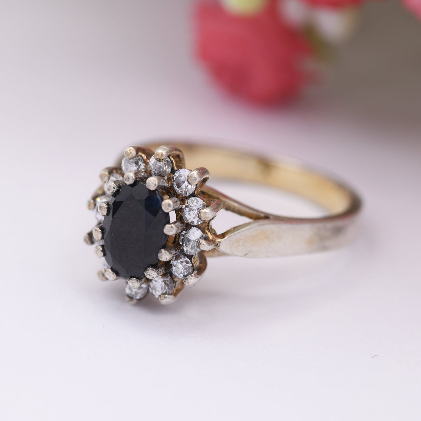 Vintage Sterling Silver Sapphire CZ Halo Flower Ring - Statement Cocktail Ring | UK Size - L | US Size - 5 3/4