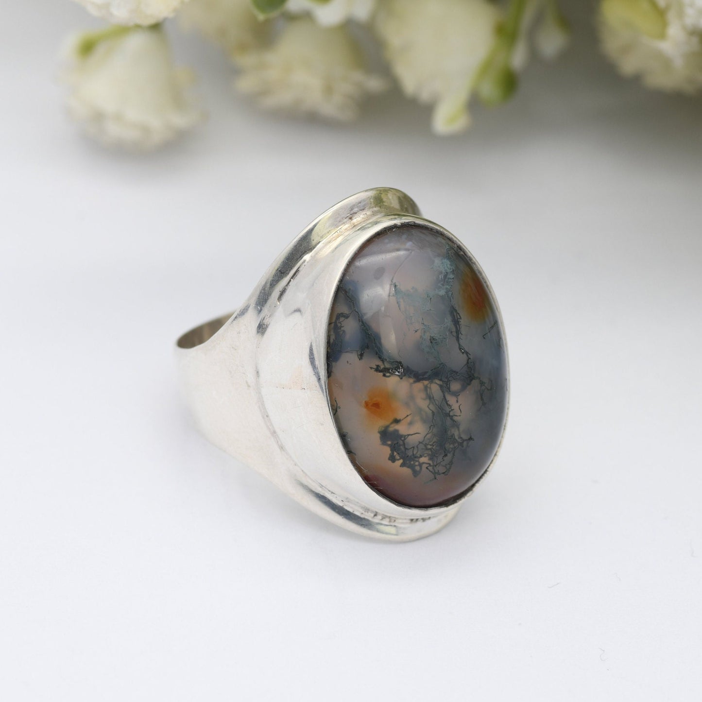 Vintage Sterling Silver Moss Agate Ring 1967 - Large Mid-Century Modernist Ring | UK Size - O 1/2 | US Size - 7 1/4