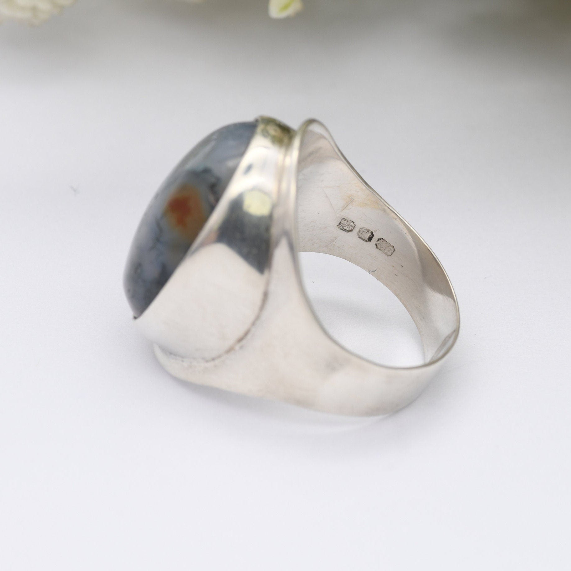 Vintage Sterling Silver Moss Agate Ring 1967 - Large Mid-Century Modernist Ring | UK Size - O 1/2 | US Size - 7 1/4