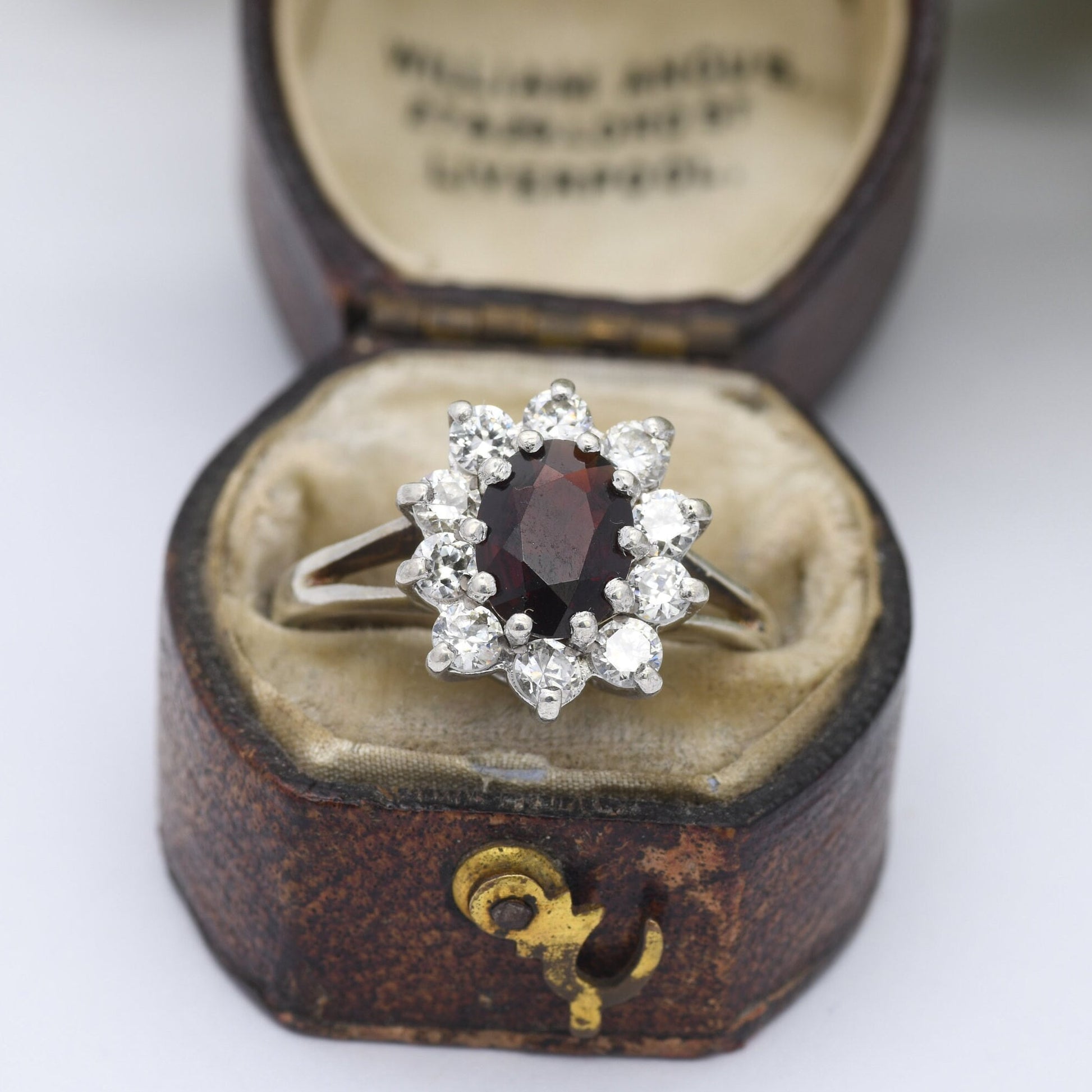 Vintage Sterling Silver Garnet Halo Flower Ring 1982 - Statement Cocktail Ring with CZ | UK Size - P | US Size - 7 1/2