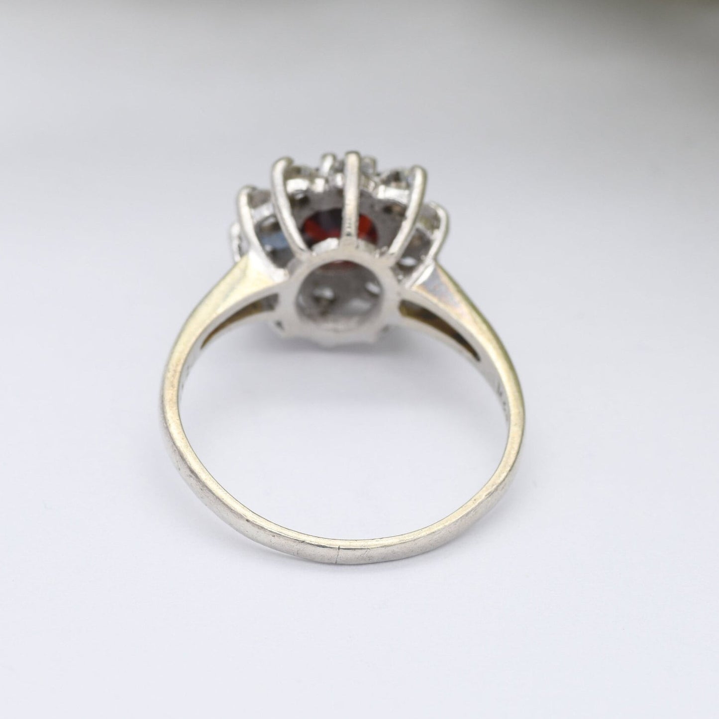 Vintage Sterling Silver Garnet Halo Flower Ring 1982 - Statement Cocktail Ring with CZ | UK Size - P | US Size - 7 1/2