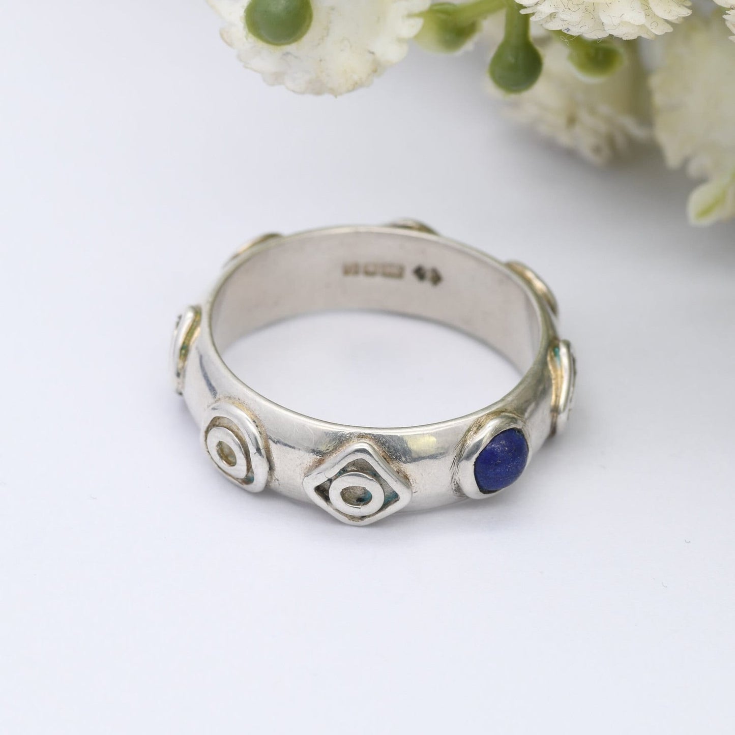 Vintage Sterling Silver Lapis Lazuli Ring 1996 - Unisex Chunky Silver Band | Geometric Pattern | UK Size - R | US Size - 8 1/2