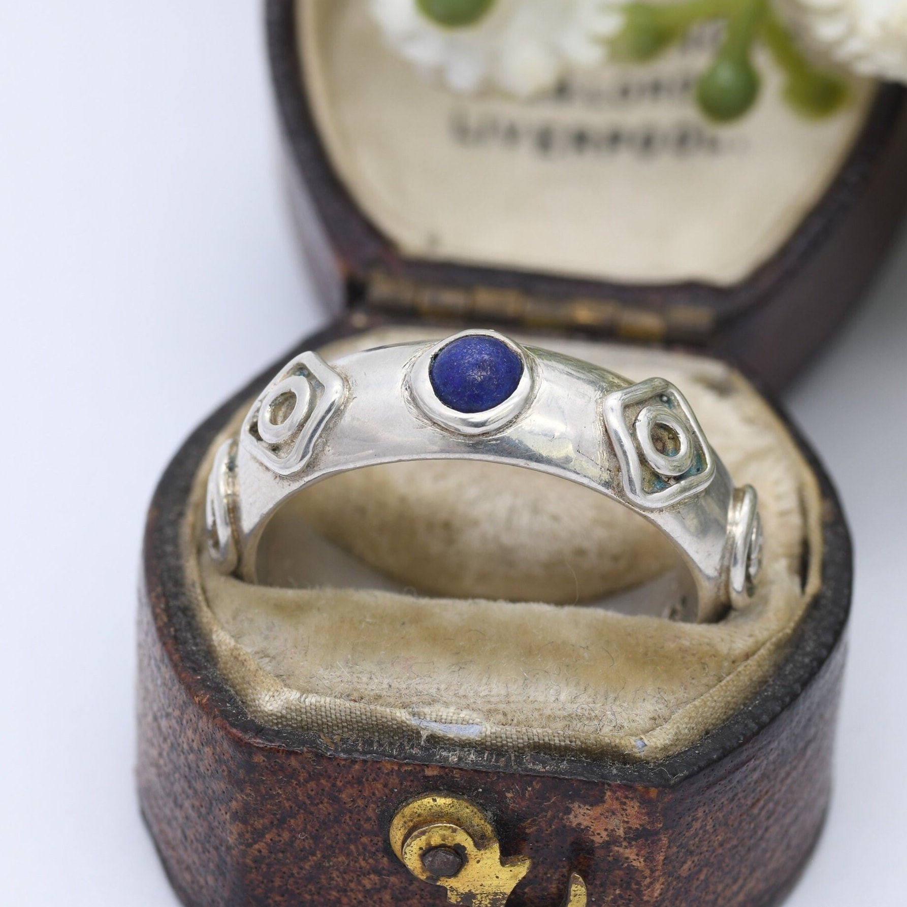 Vintage Sterling Silver Lapis Lazuli Ring 1996 - Unisex Chunky Silver Band | Geometric Pattern | UK Size - R | US Size - 8 1/2