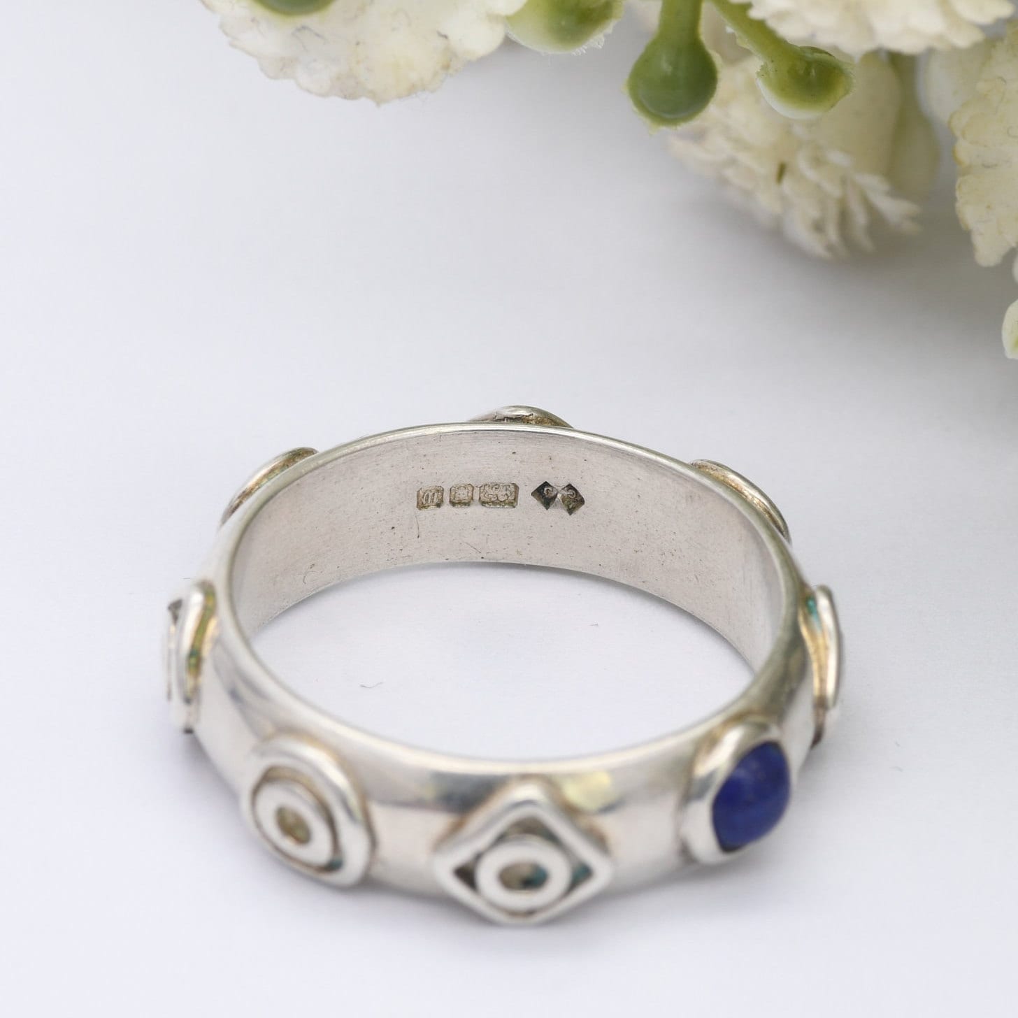 Vintage Sterling Silver Lapis Lazuli Ring 1996 - Unisex Chunky Silver Band | Geometric Pattern | UK Size - R | US Size - 8 1/2