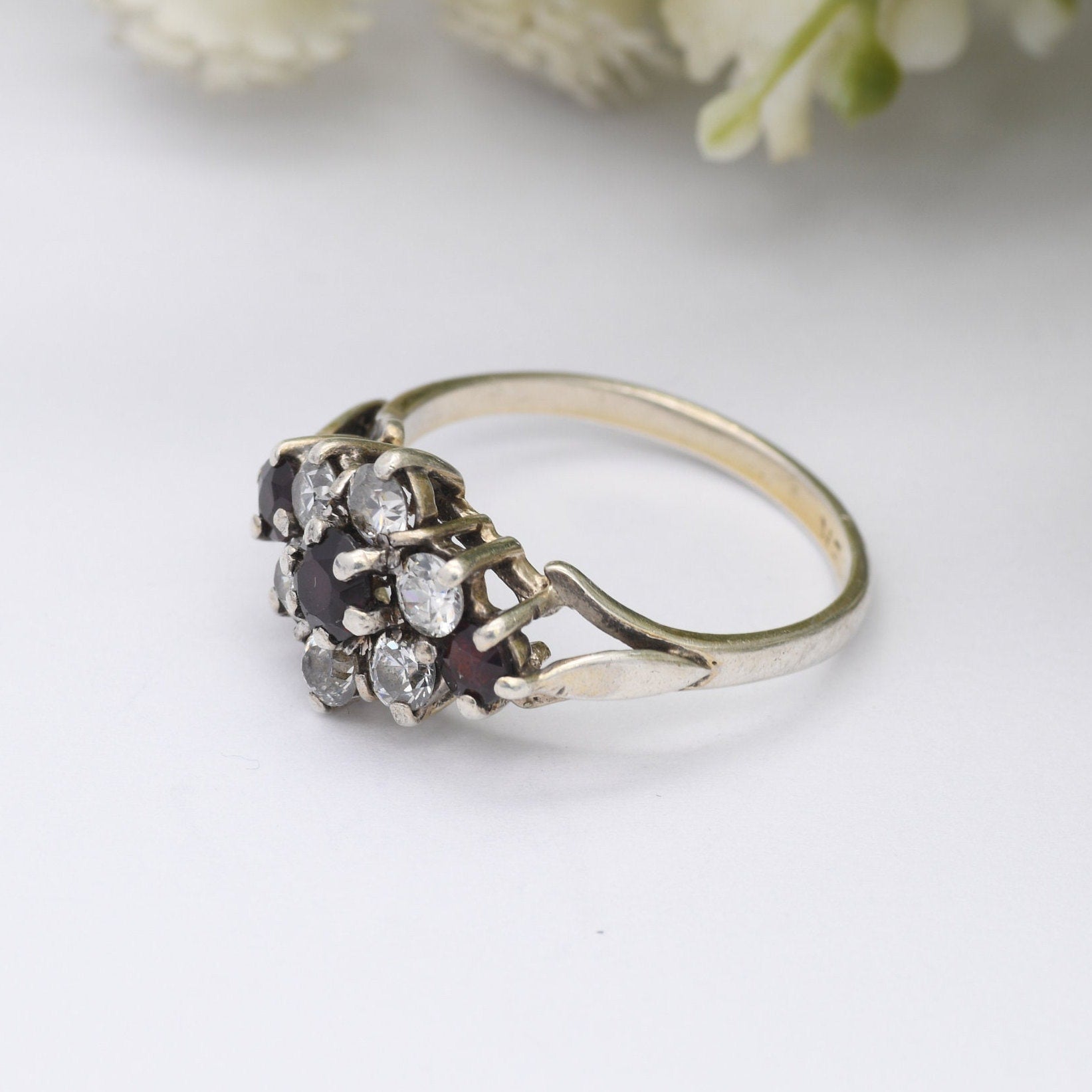 Vintage Sterling Silver Garnet Cluster Flower Ring - Statement Cocktail Ring with CZ | UK Size - N | US Size - 6 3/4