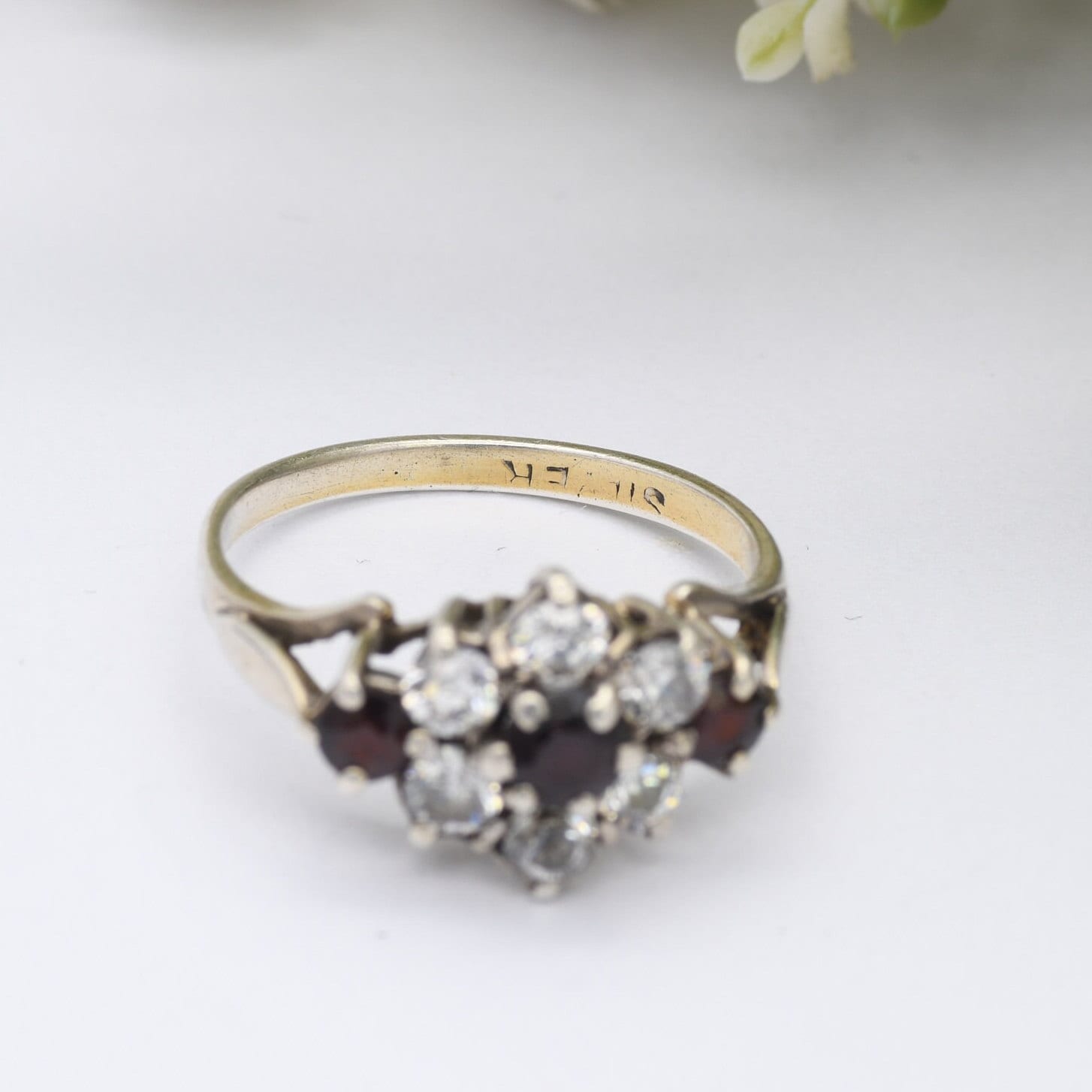 Vintage Sterling Silver Garnet Cluster Flower Ring - Statement Cocktail Ring with CZ | UK Size - N | US Size - 6 3/4