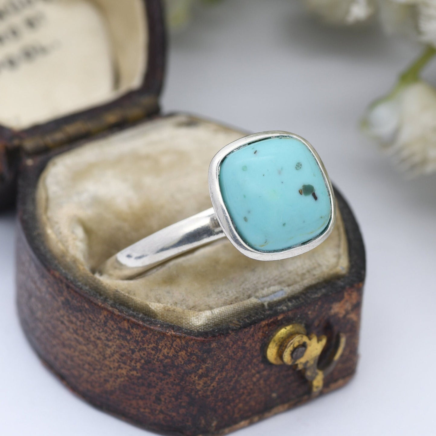 Vintage Sterling Silver Turquoise Ring - Stand Out Sky Blue Stone | Square Cabochon | UK Size - Q | US Size - 8