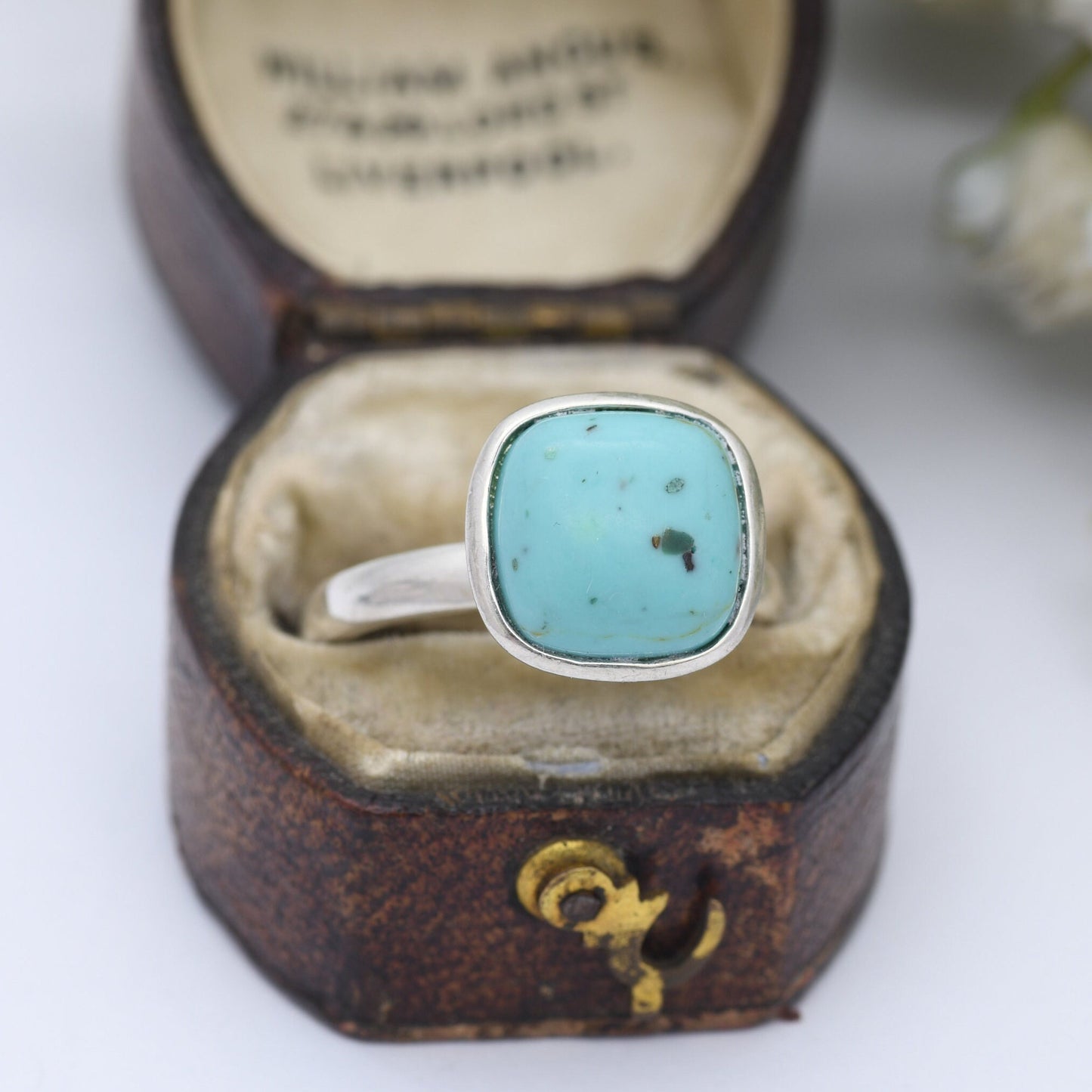 Vintage Sterling Silver Turquoise Ring - Stand Out Sky Blue Stone | Square Cabochon | UK Size - Q | US Size - 8