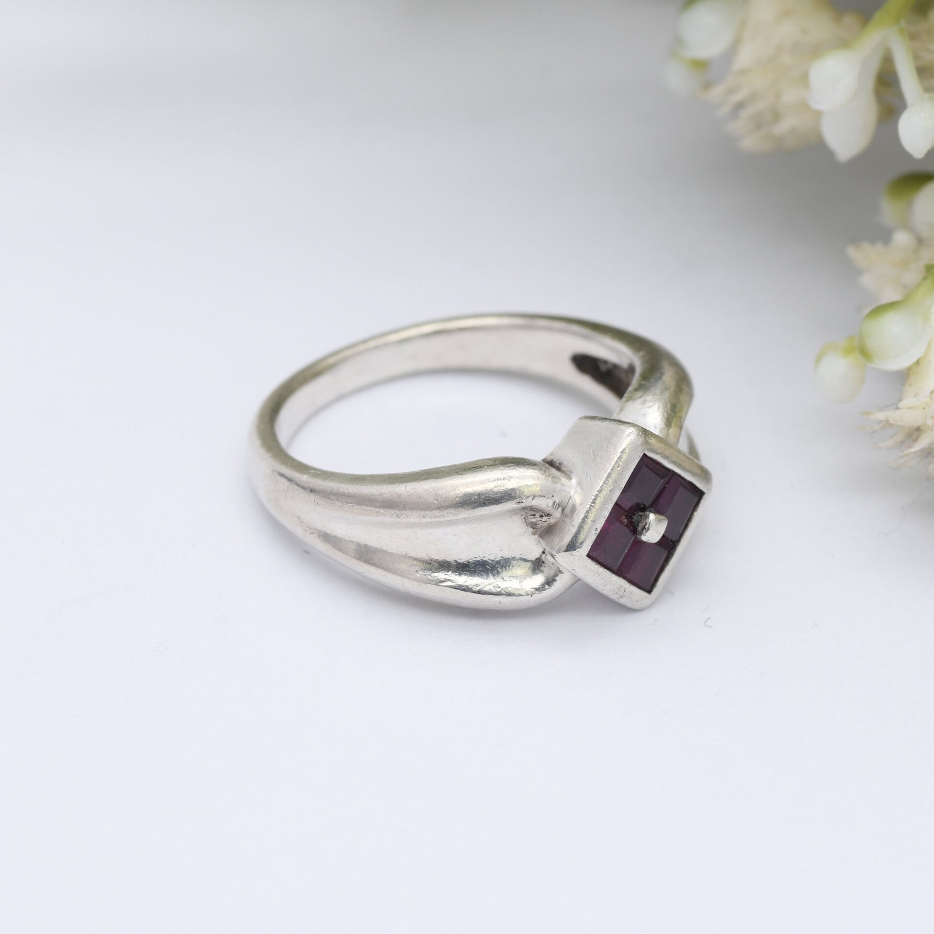 Vintage Sterling Silver Ruby Ring - Square Diamond Shape | Statement Cocktail Ring | UK Size - O 1/2 | US Size - 7 3/4